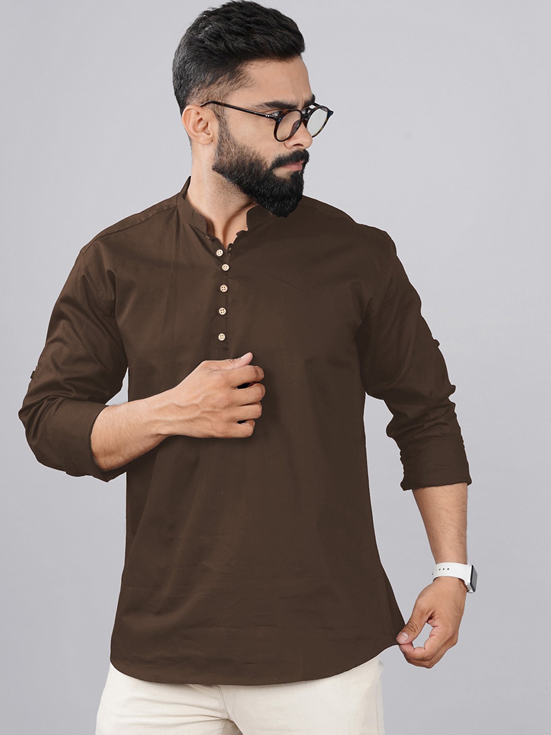 

Tap in Mandarin Collar Straight Short Kurta, Brown
