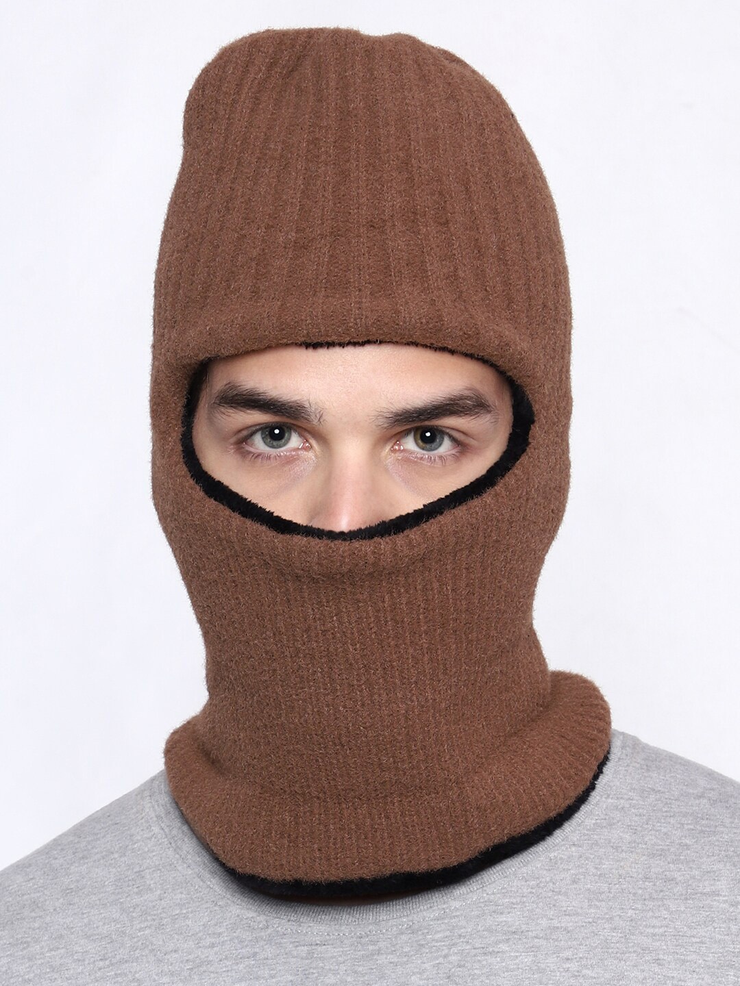 

Gajraj Rib Knit Woollen Balaclava Cap, Brown