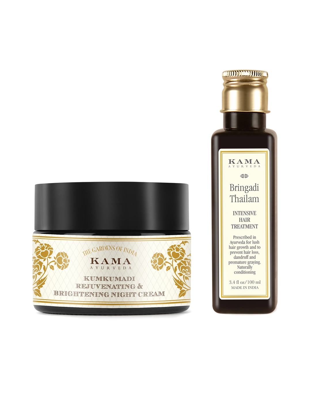 

KAMA AYURVEDA Set of Kumkumadi Night Cream 25 g + Bringadi Thailam Hair Oil 100ml, Yellow