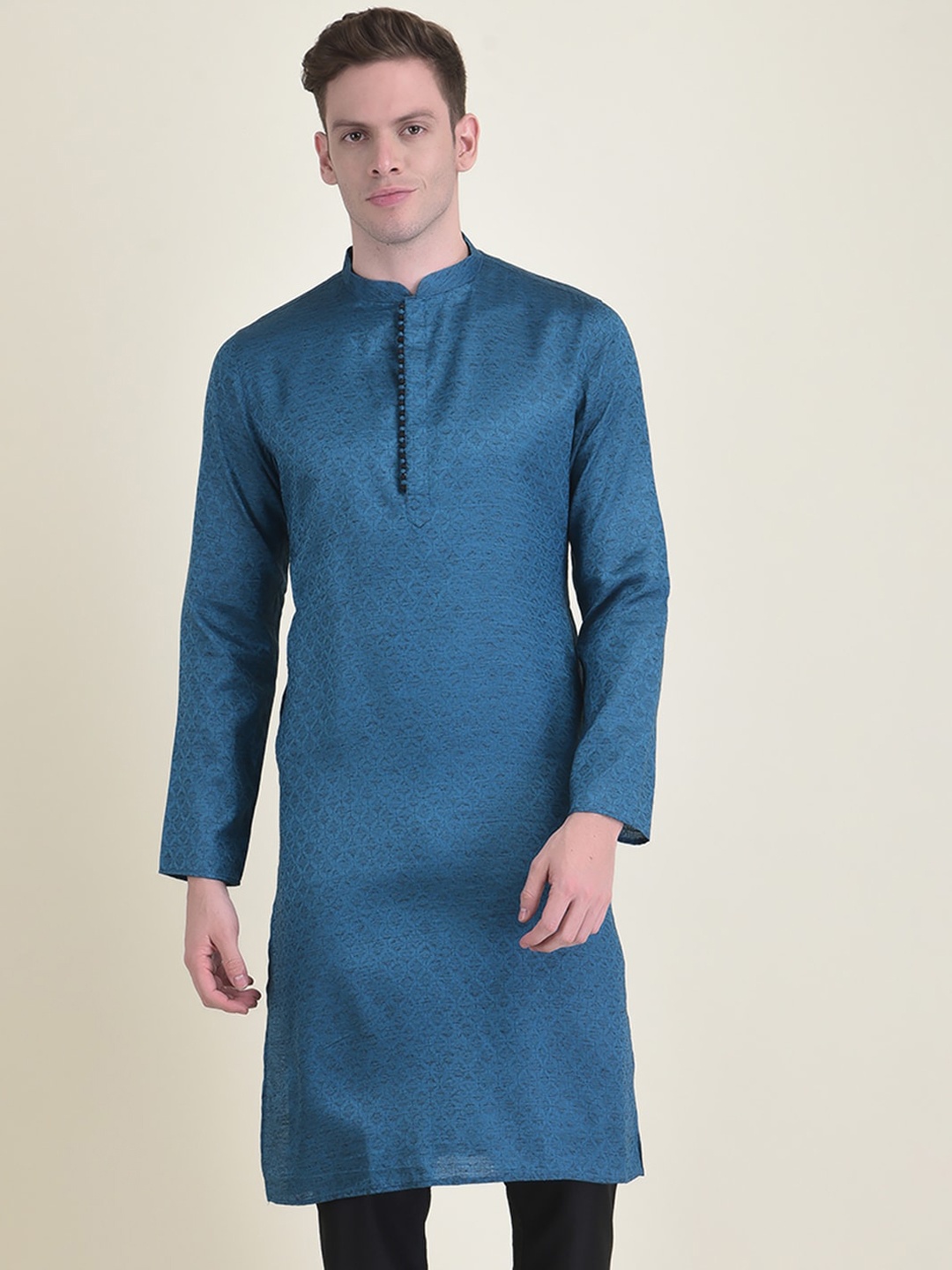 

DEYANN Woven Design Mandarin Collar Kurta, Navy blue