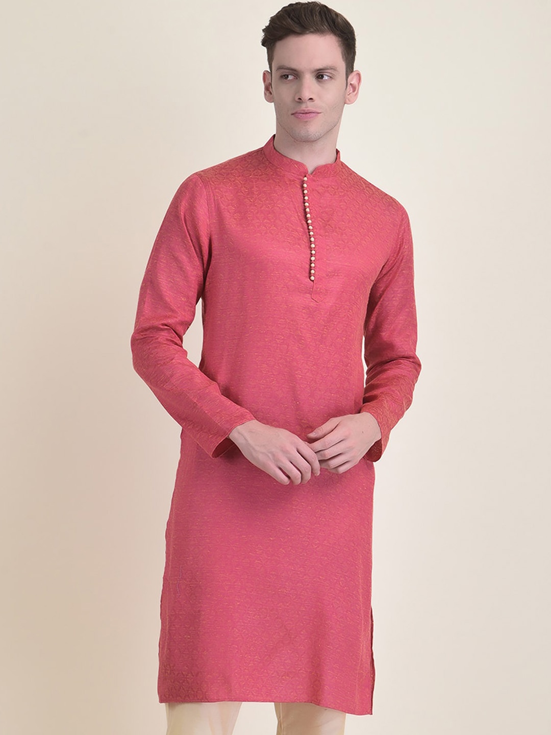 

DEYANN Mandarin Collar Woven Design Jacquard Kurta, Pink