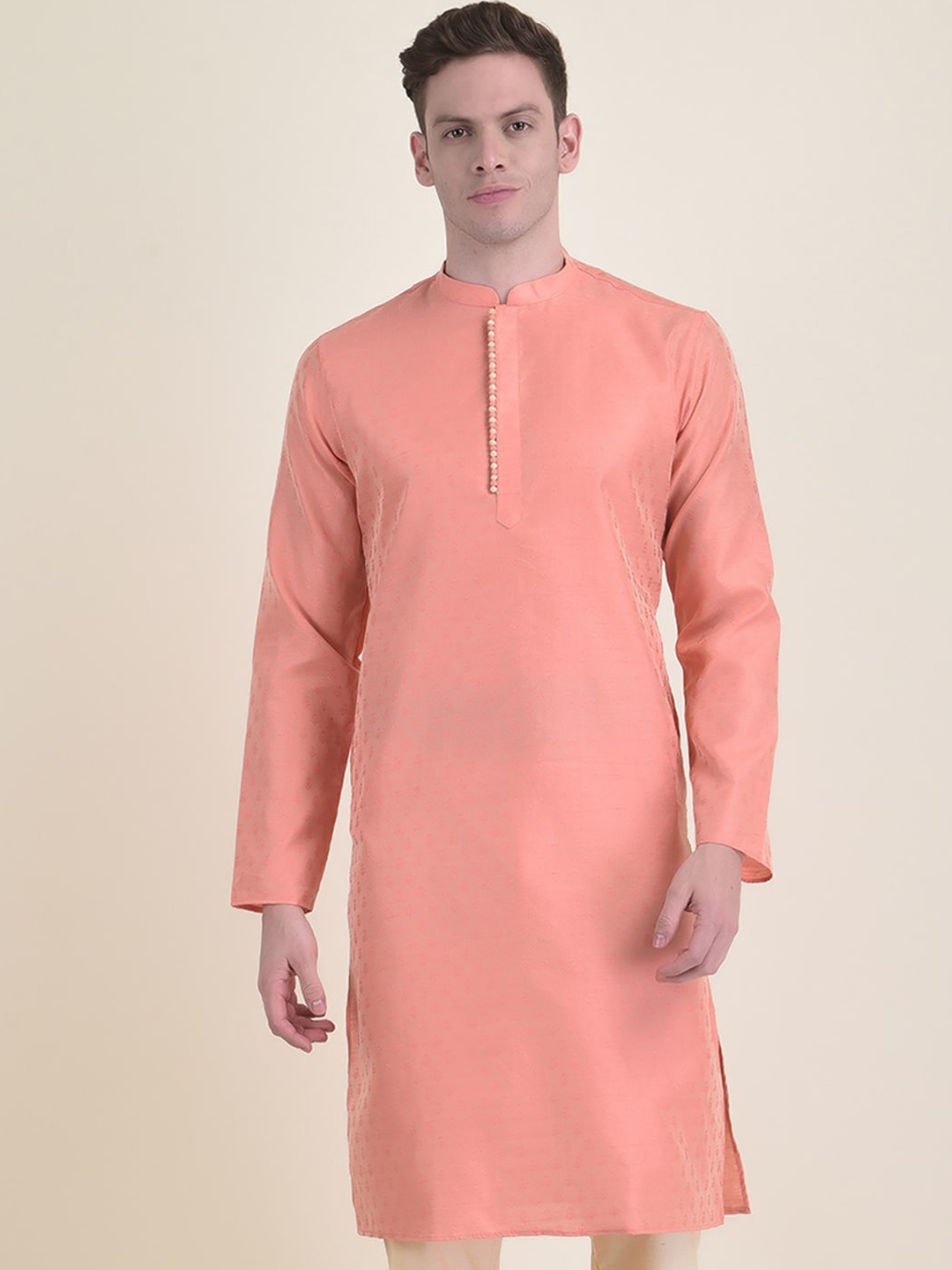 

DEYANN Mandarin Collar Ethnic Motifs Woven Design Straight Jacquard Kurta, Peach