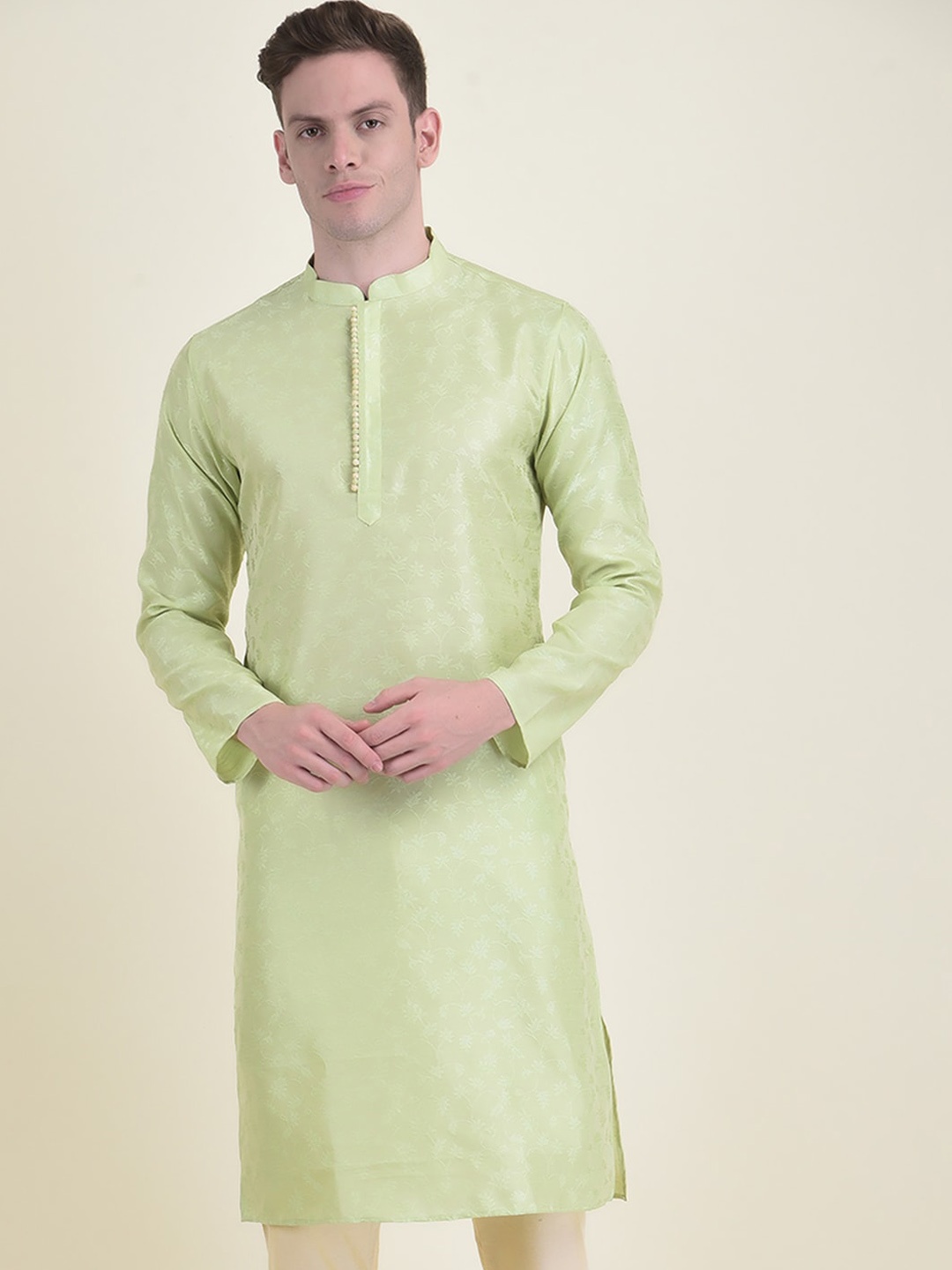

DEYANN Mandarin Collar Floral Woven Design Straight Jacquard Kurta, Green