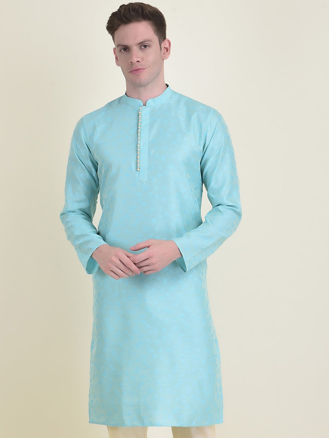 

DEYANN Mandarin Collar Jacquard Kurta, Blue