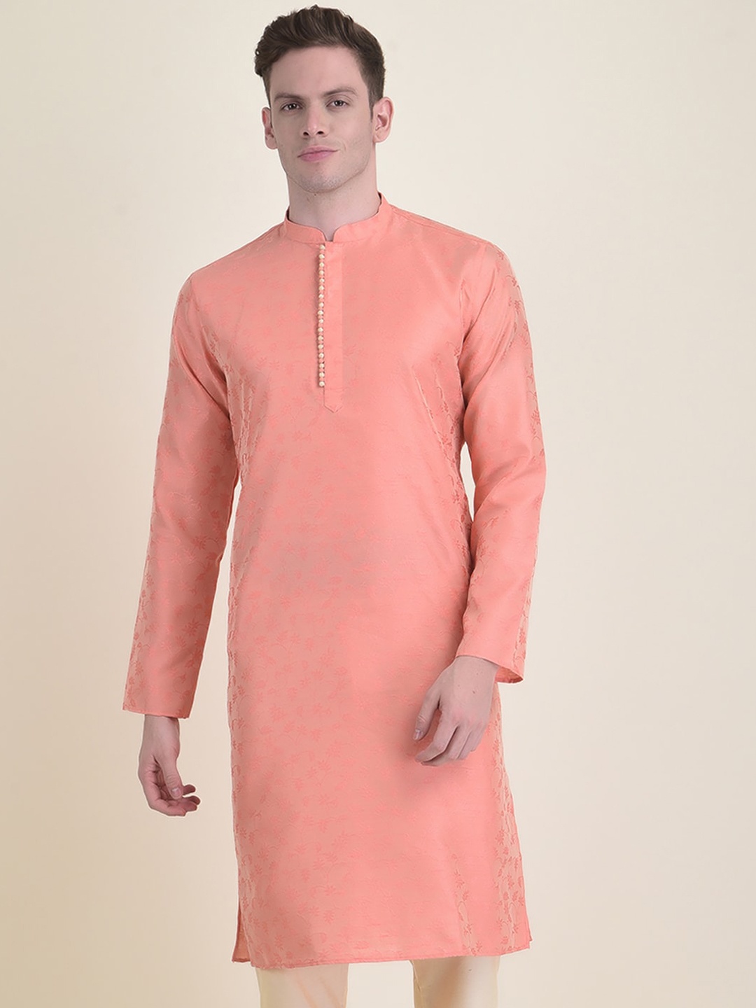 

DEYANN Woven Design Mandarin Collar Kurta, Peach