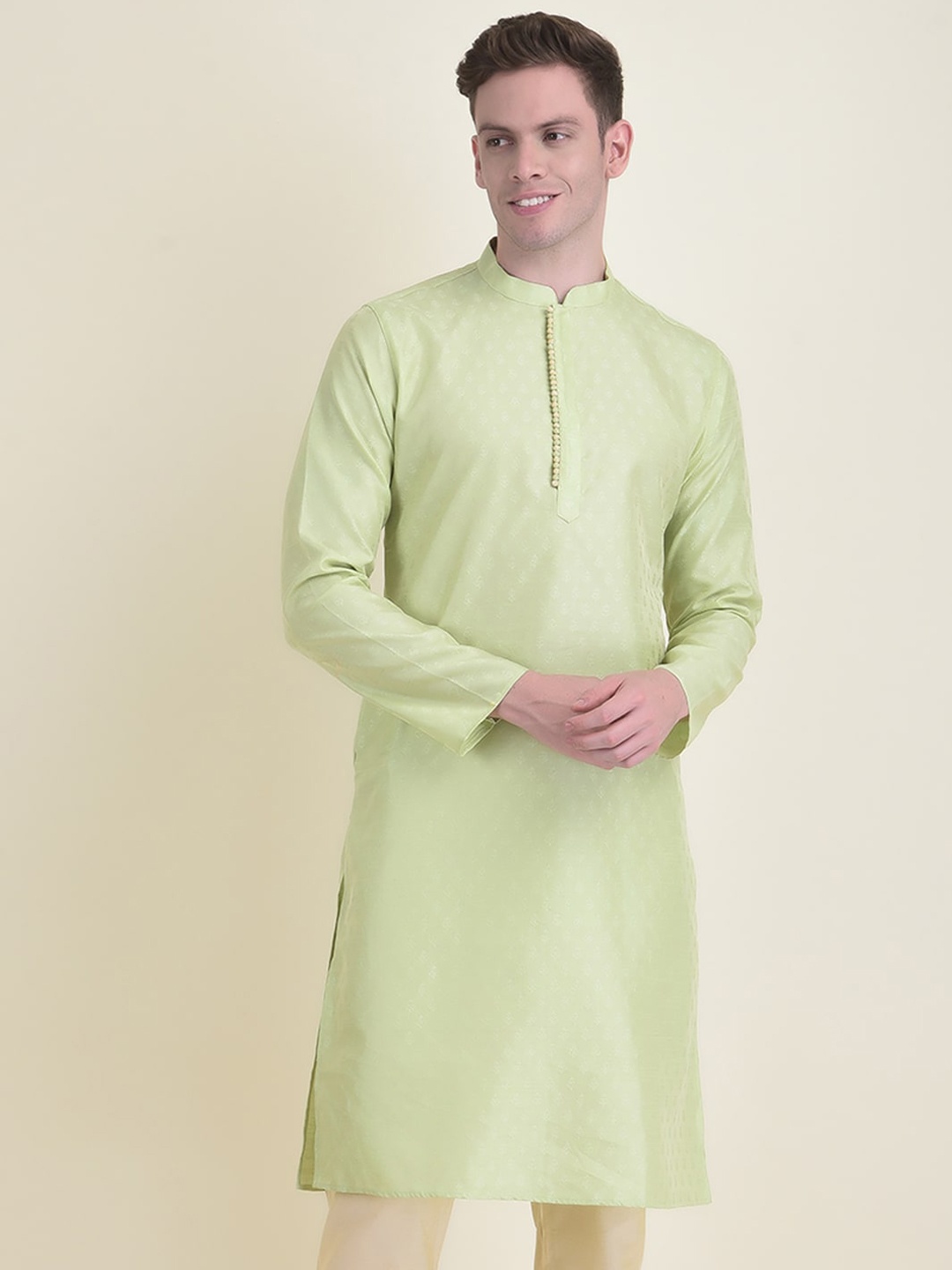 

DEYANN Mandarin Collar Jacquard Kurta, Green