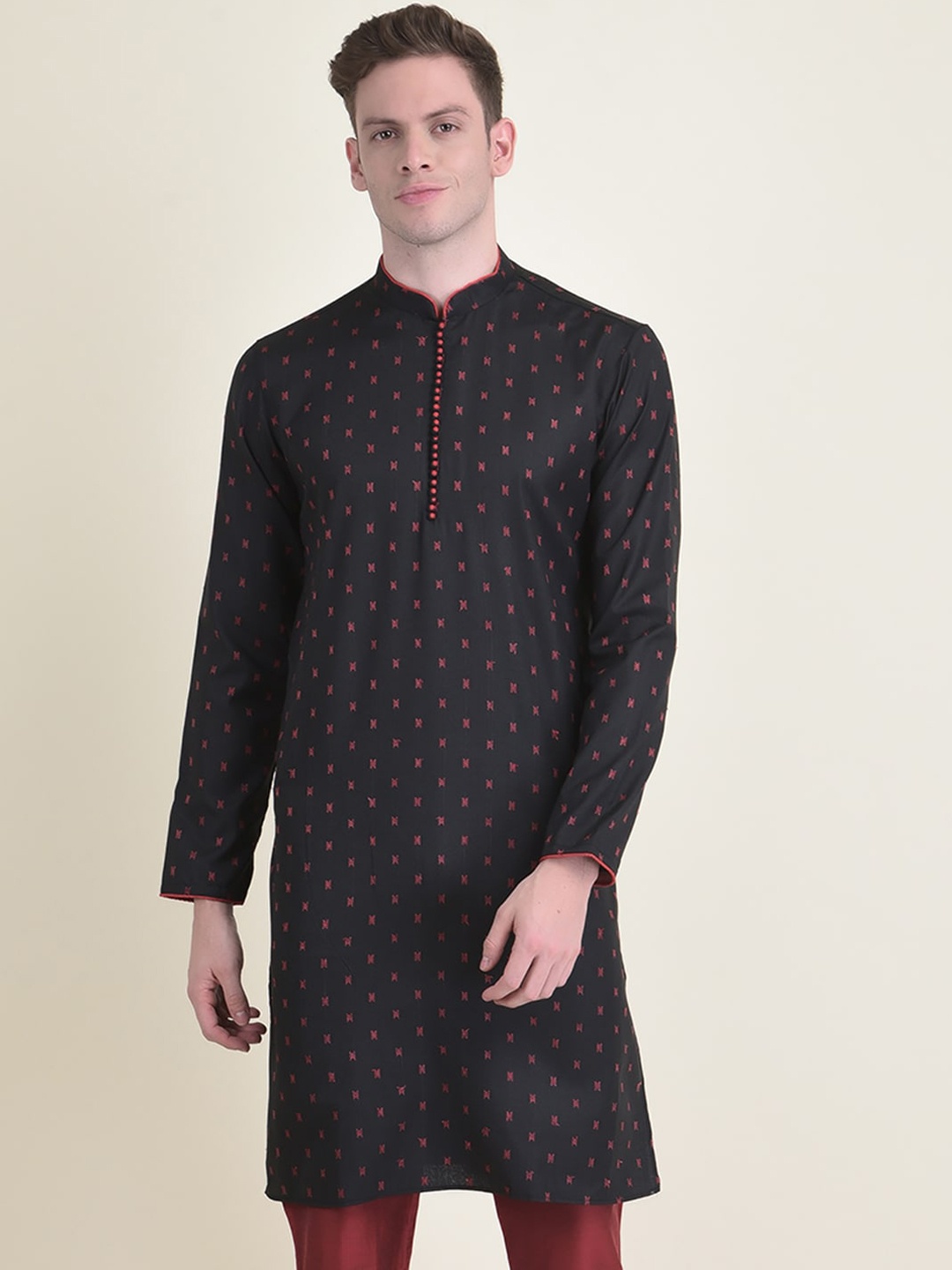 

DEYANN Geometric Thread Work Jacquard Kurta, Black