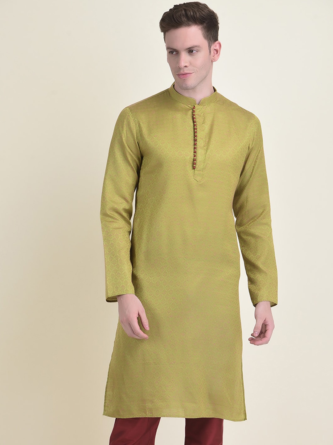 

DEYANN Woven Design Mandarin Collar Kurta, Green