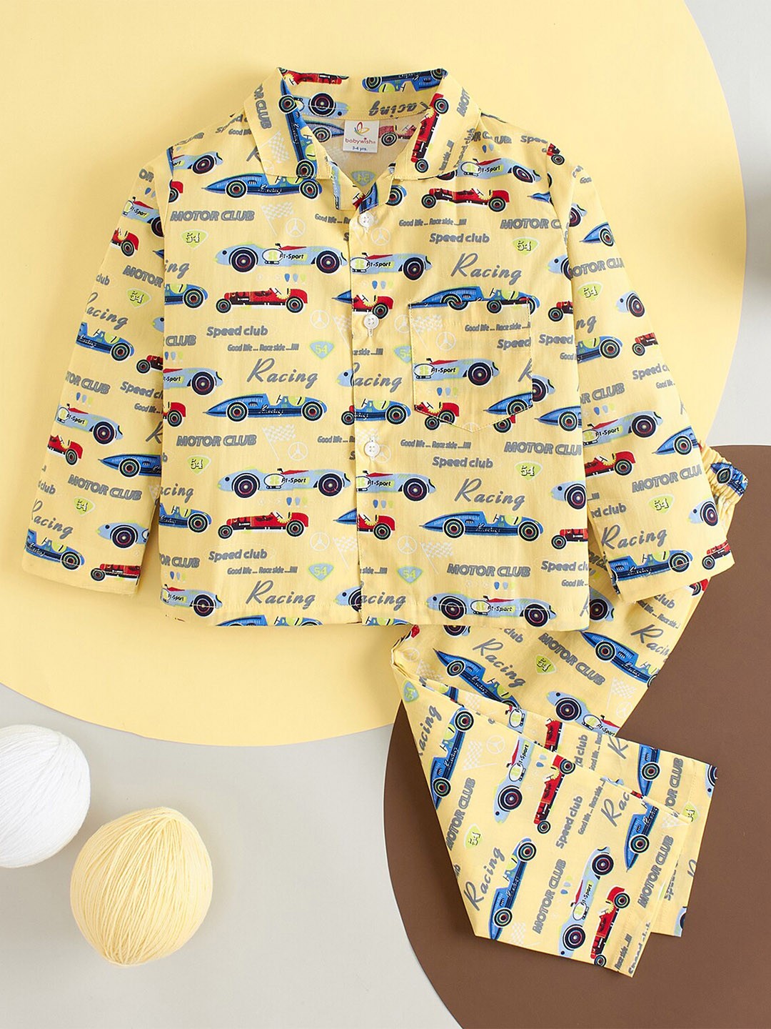 

Babywish Kids Race Car Theme Printed Pure Cotton Night suit, Yellow
