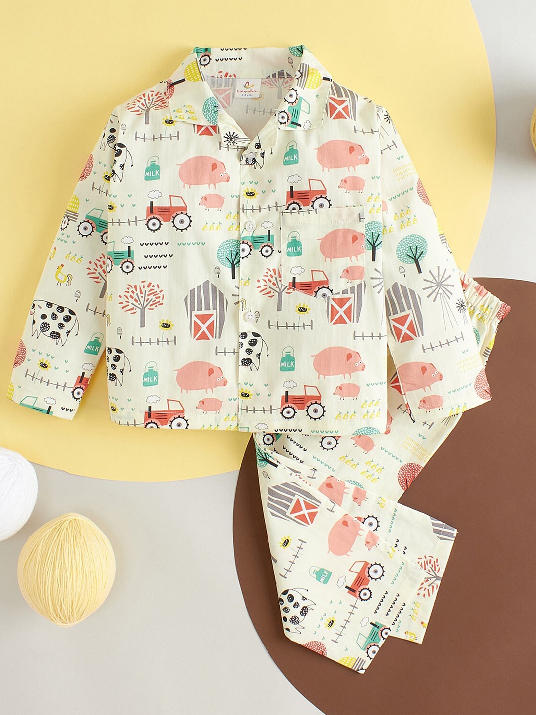 

Babywish Kids Comfort Fit Graphic Printed Pure Cotton Night Suit, Off white