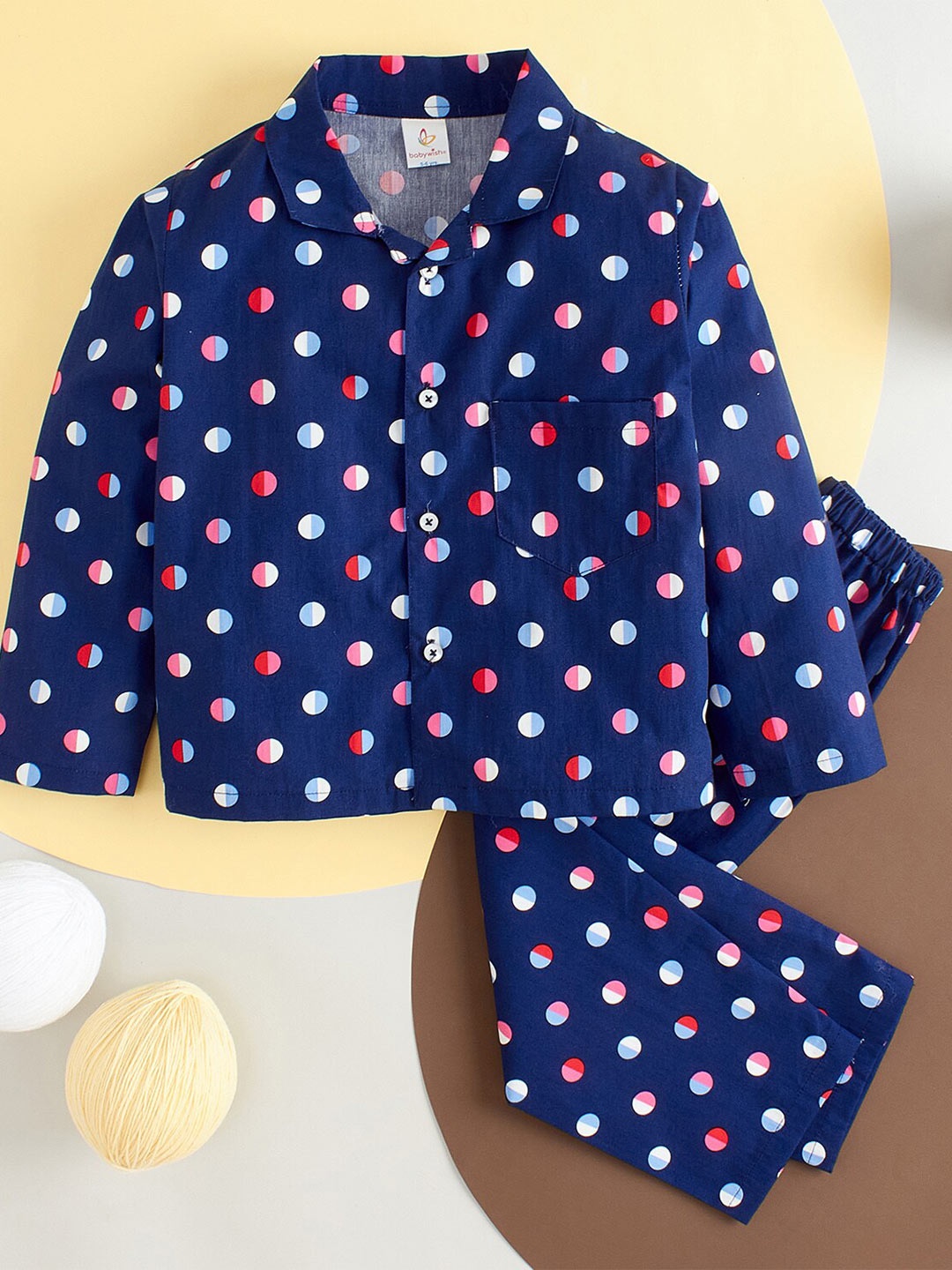 

Babywish Kids Comfort Fit Polka Dots Printed Pure Cotton Night Suit, Blue