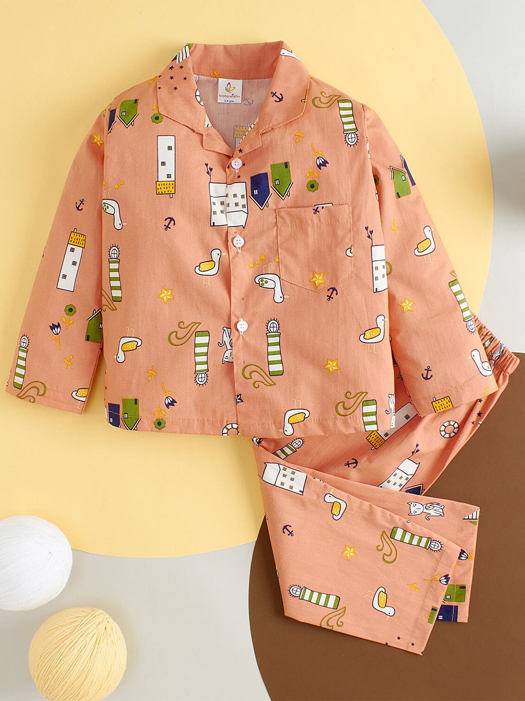 

Babywish Kids Comfort Fit Graphic Printed Pure Cotton Night Suit, Peach