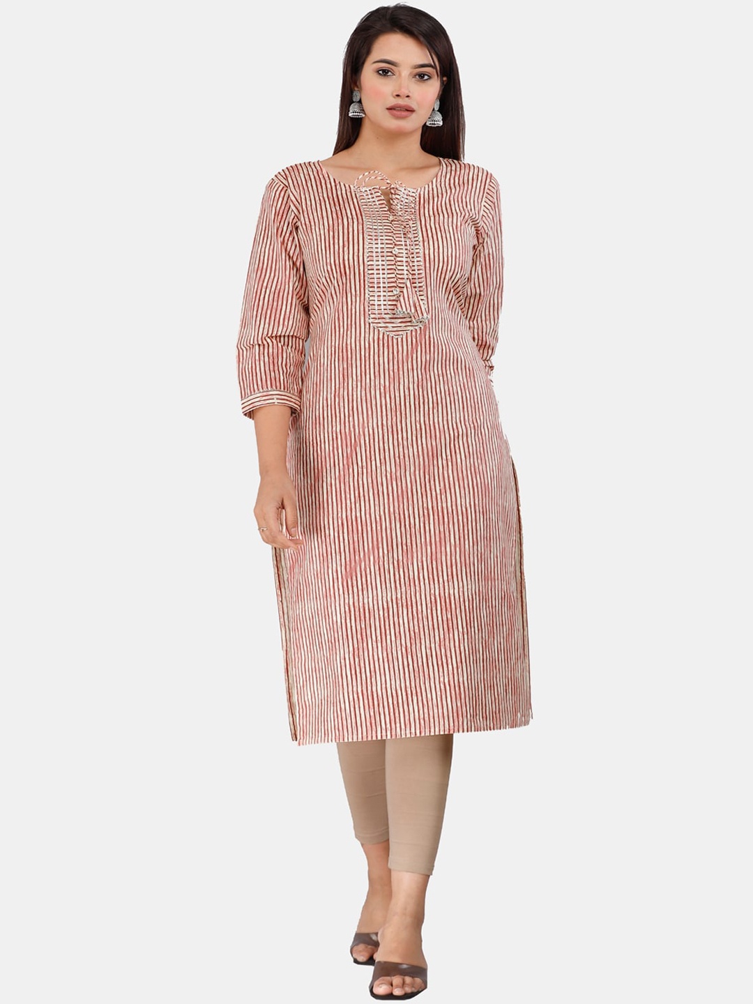 

HIGHLIGHT FASHION EXPORT Tie-Up Neck Striped A-Line Gotta Patti Detail Kurta, Peach