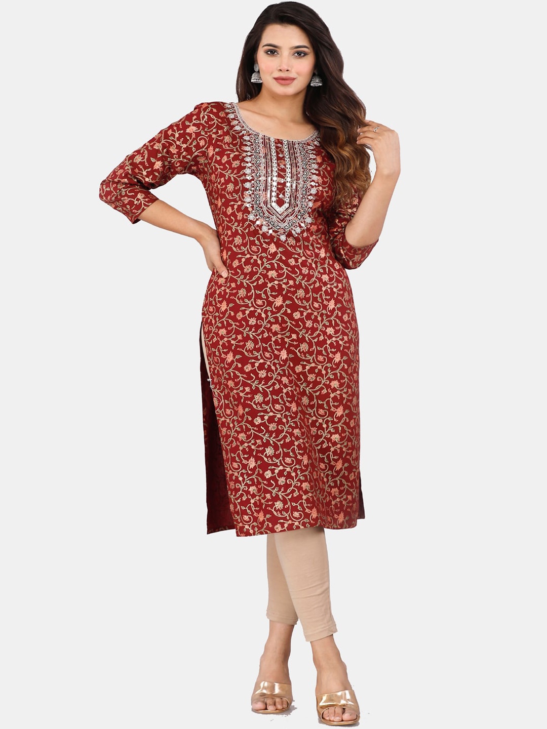 

HIGHLIGHT FASHION EXPORT Maroon Ethnic Motifs Printed Thread Work Kurta
