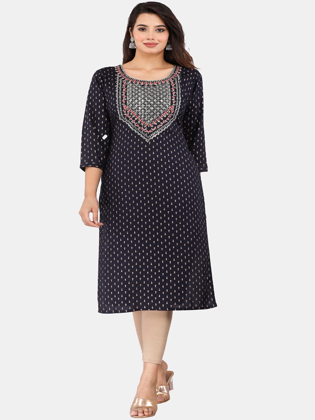 

HIGHLIGHT FASHION EXPORT Ethnic Motifs Printed Zari Straight Kurta, Blue