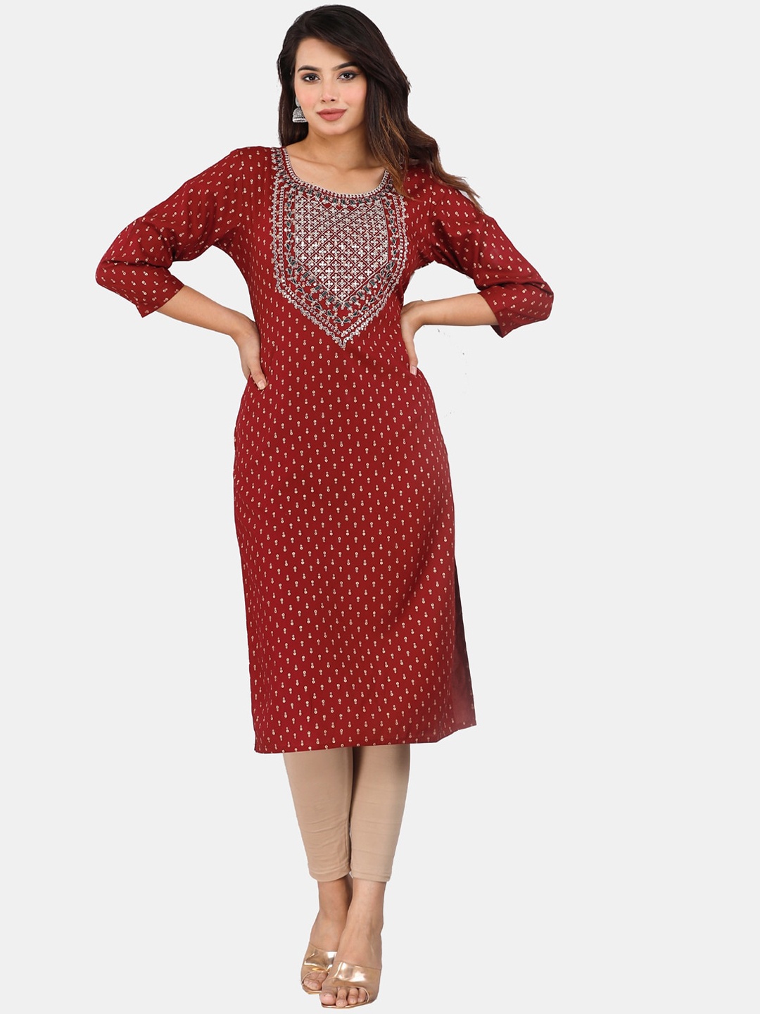 

HIGHLIGHT FASHION EXPORT Ethnic Motifs Printed Sequined Cotton Kurta, Maroon