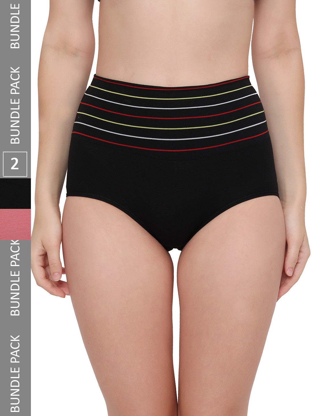 

PLUMBURY Women Pack Of 2 Striped Cotton High-Waist Hipster Briefs PLPANTY11207622BL/BROWNM, Black