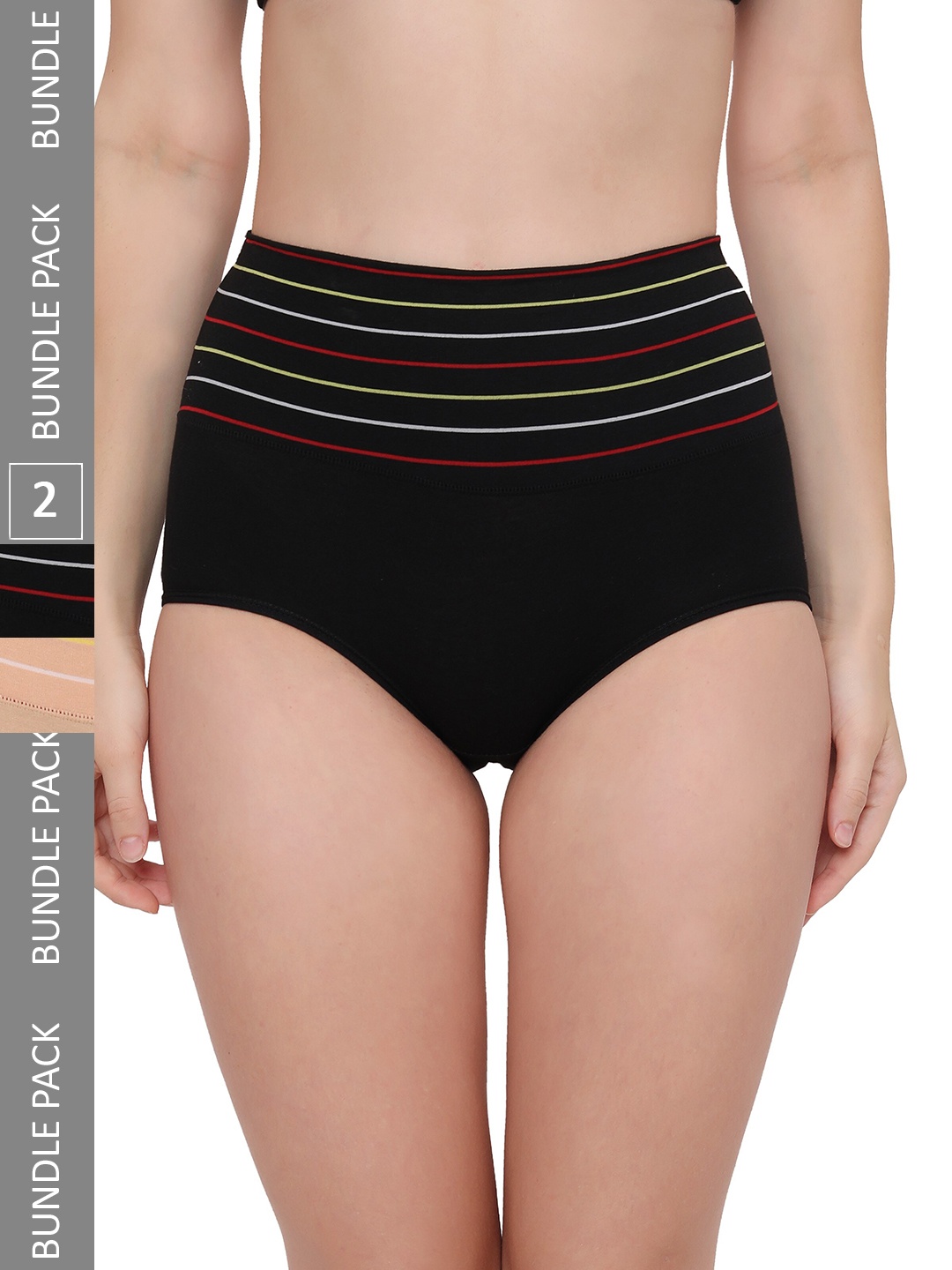 

PLUMBURY Women Pack Of 2 Striped Cotton High-Waist Hipster Briefs PLPANTY11207622BL/BGM, Black
