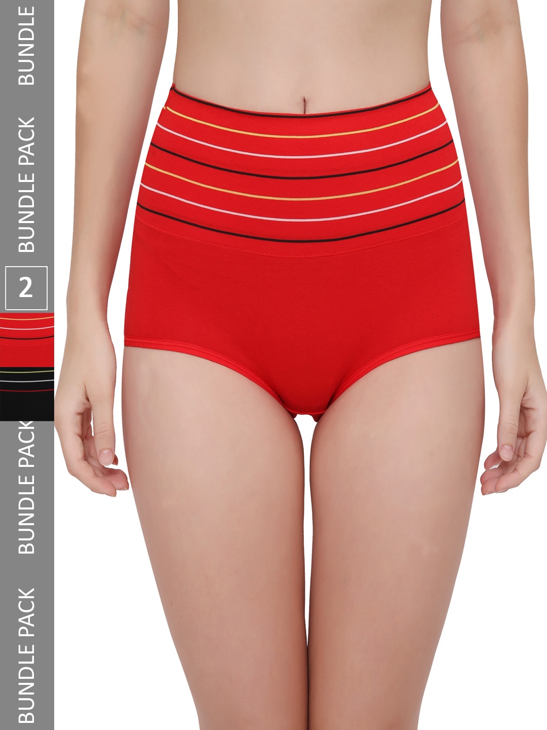 

PLUMBURY Women Pack Of 2 Striped Cotton High-Waist Hipster Briefs PLPANTY11207622RED/BLM, Red