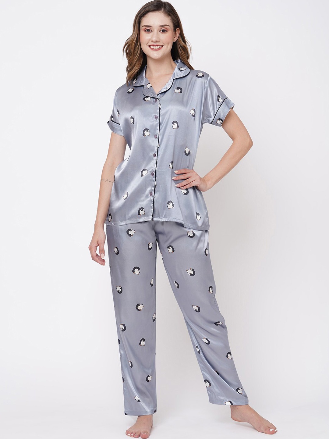 

NOIRA Printed Satin Night suit, Grey