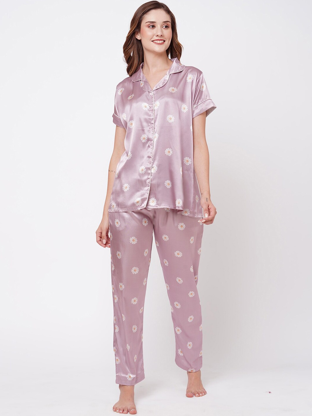 

NOIRA Floral Printed Satin Night suit, Pink