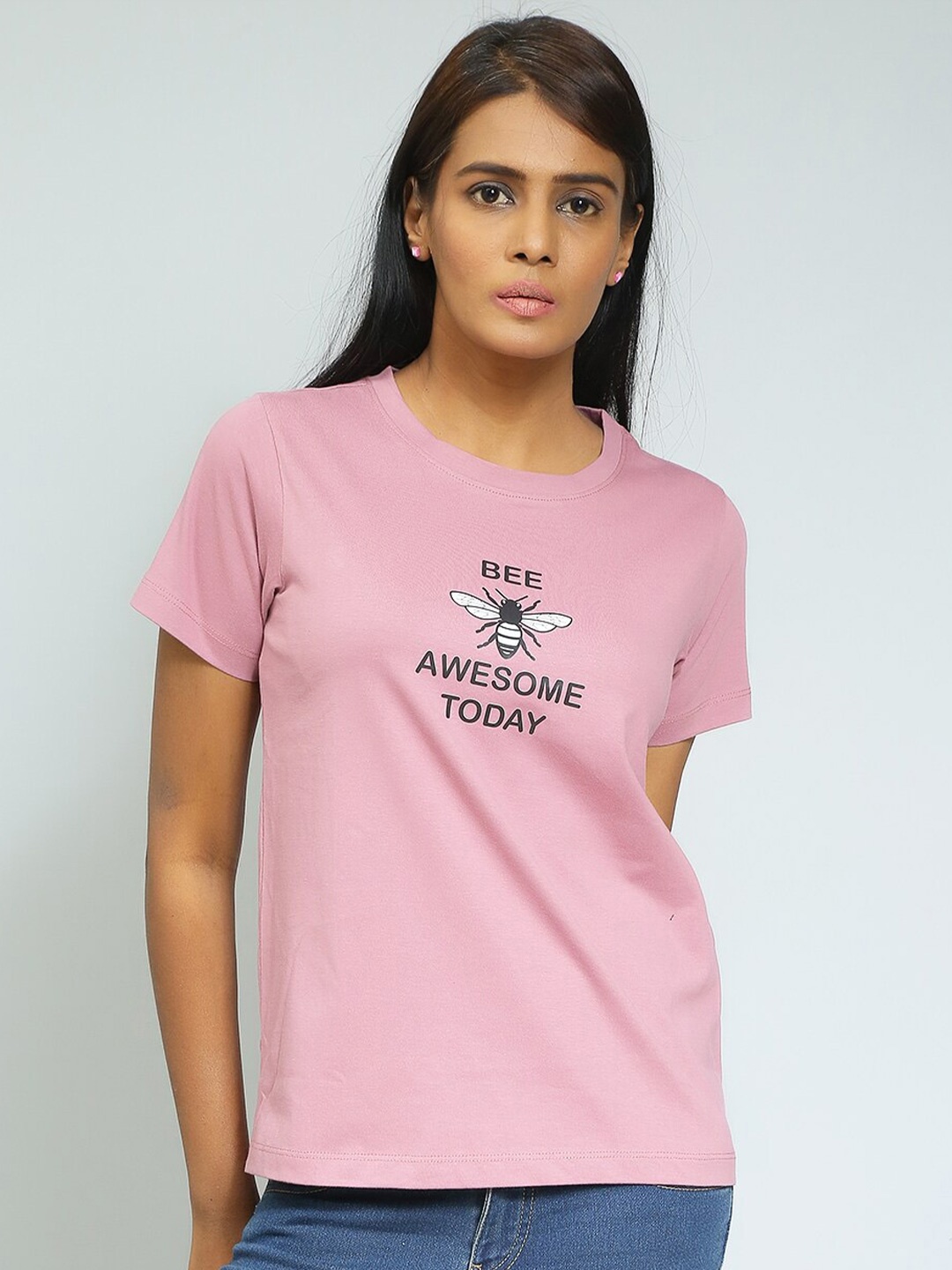 

Mast & Harbour Pink Typography Printed Pure Cotton T-shirt