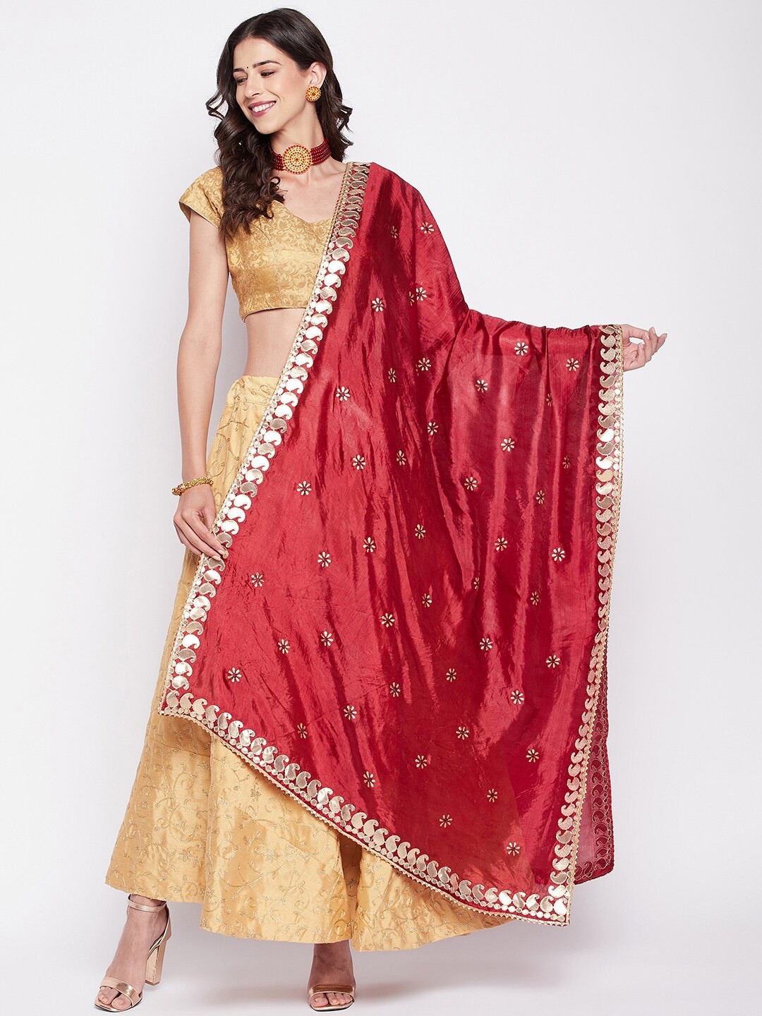 

Clora Creation Gotta Patti Floral Embroidered Dupatta, Maroon