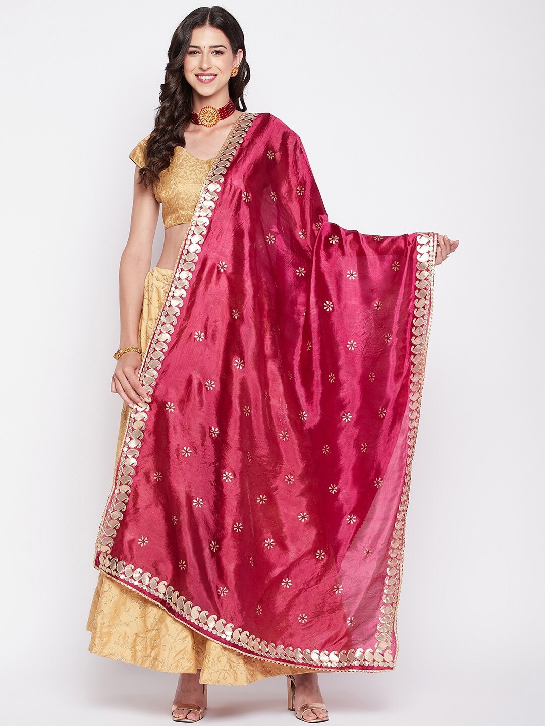 

Clora Creation Gotta Patti Floral Embroidered Dupatta, Burgundy