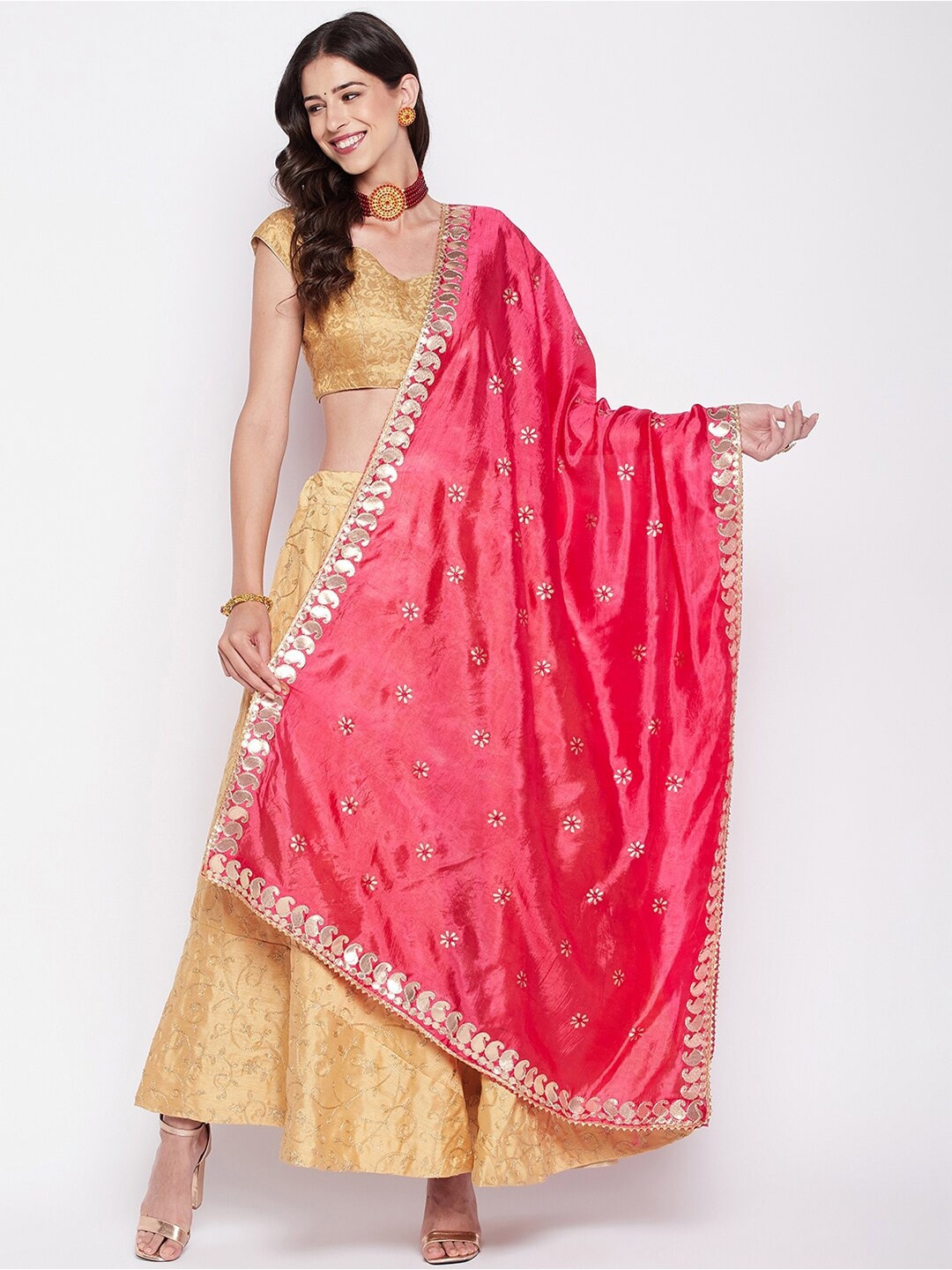 

Clora Creation Gotta Patti Floral Embroidered Dupatta, Magenta