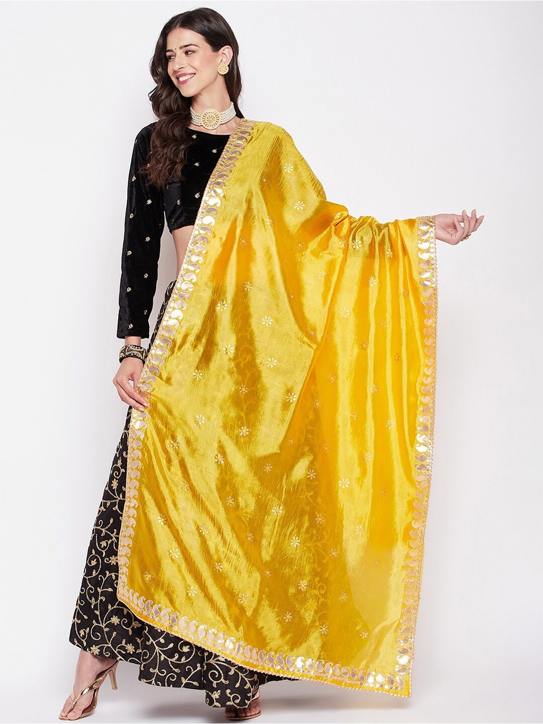 

Clora Creation Gotta Patti Floral Embroidered Dupatta, Yellow