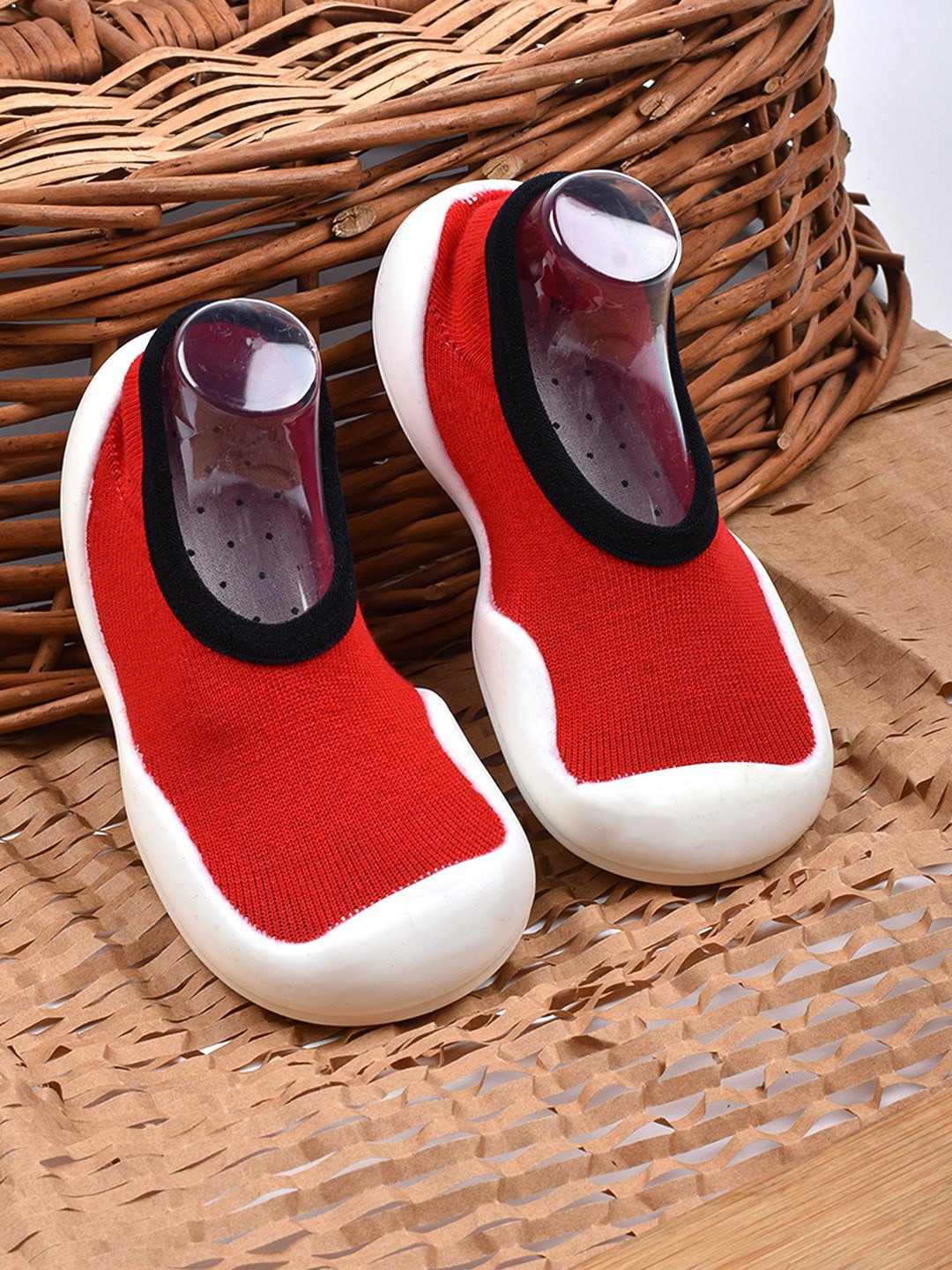 

FOOTPRINTS Infants Woven Design Anti-Slip Breathable Cotton Sock Slip-On Sneakers, Red