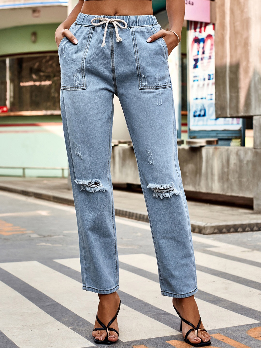 

StyleCast Women Blue Slash Knee Mom Fit Jeans