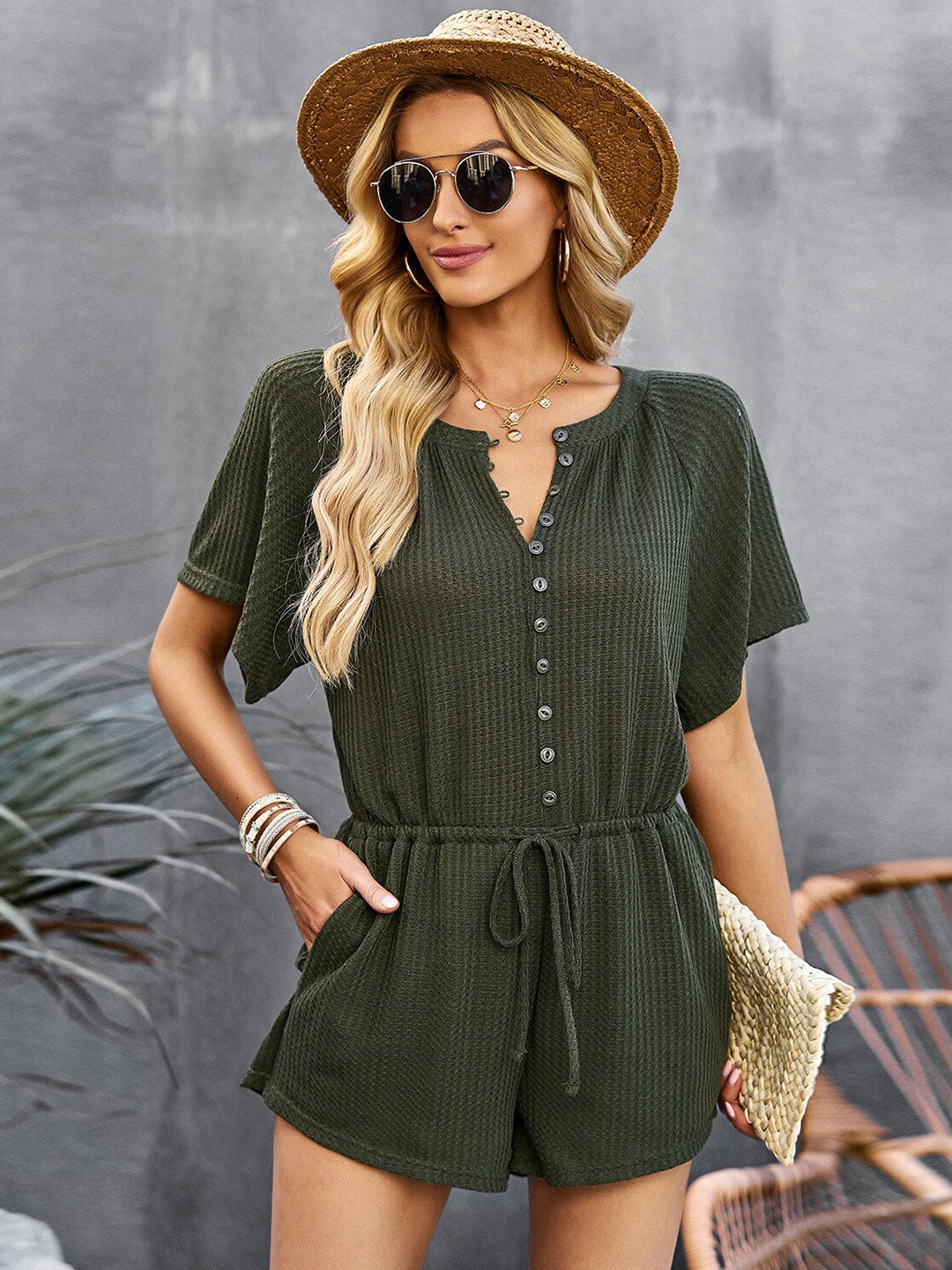 

BoStreet Olive Green Round Neck Waist Tie Ups Playsuit