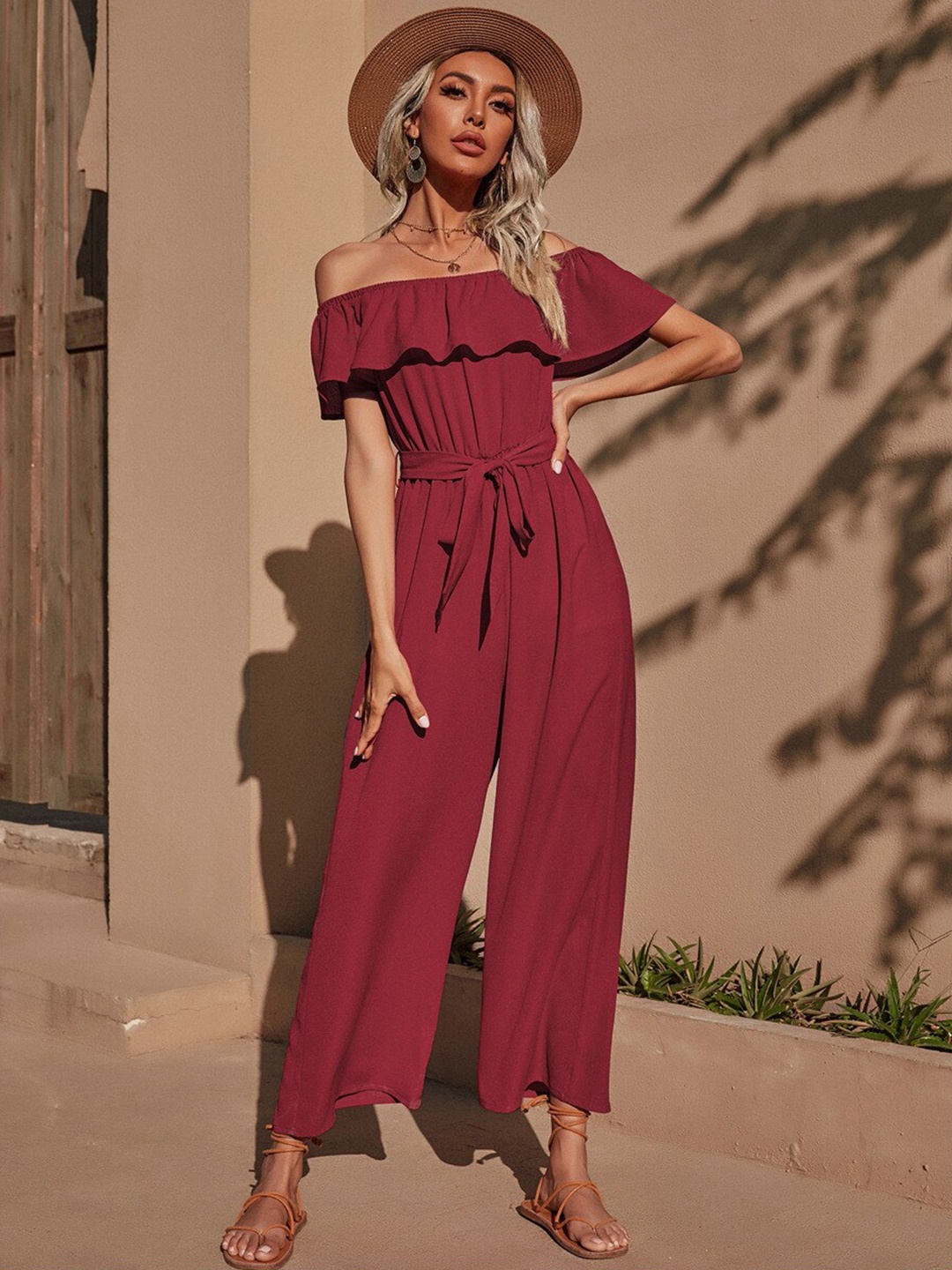 

BoStreet Maroon Off-Shoulder Culotte Jumpsuit