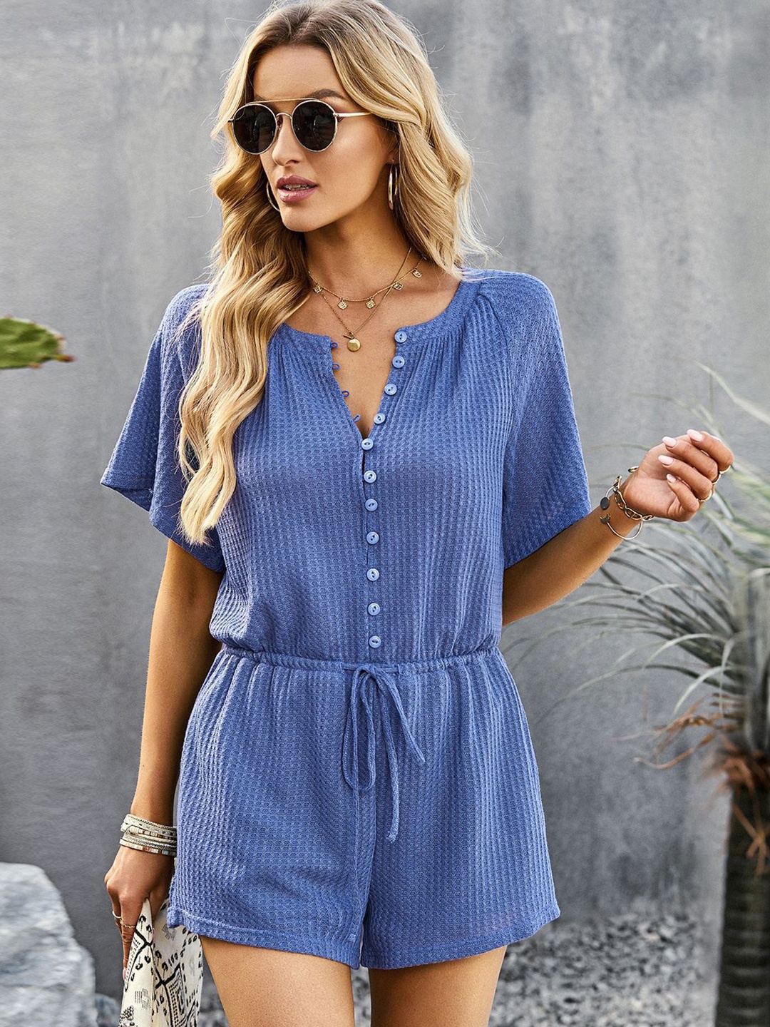 

StyleCast Blue Round Neck Self Design Waist Tie Ups Playsuit