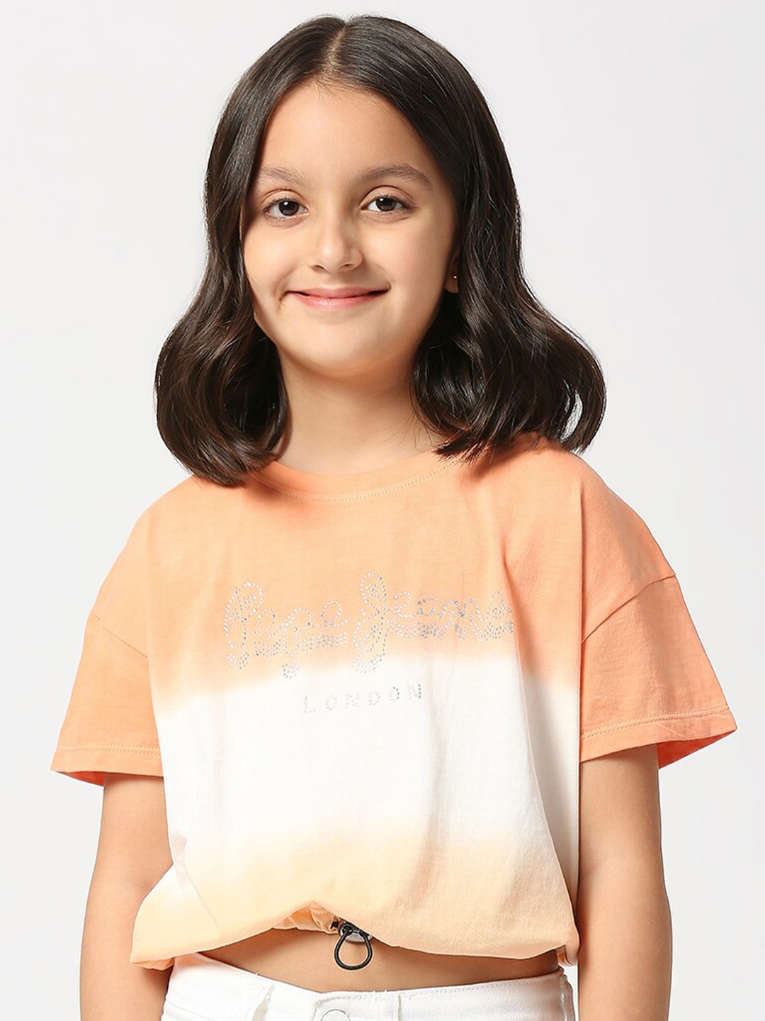 Pepe Jeans Girls Tie & Dye Drop-Shoulder Sleeves Pure Cotton T-shirt, White