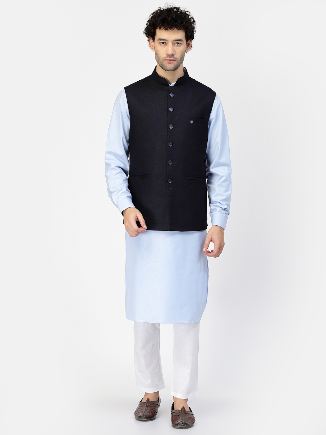 

MOHANLAL SONS Men Jute Cotton Nehru Jacket, Navy blue