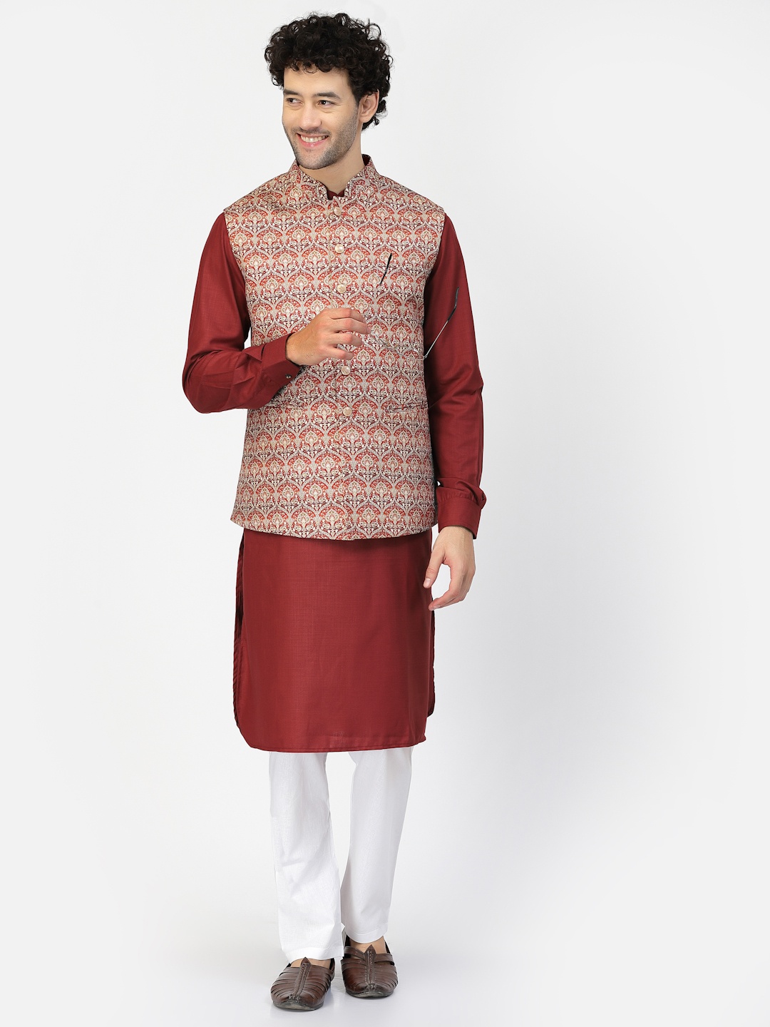 

MOHANLAL SONS Jute Cotton Nehru Jacket, Maroon