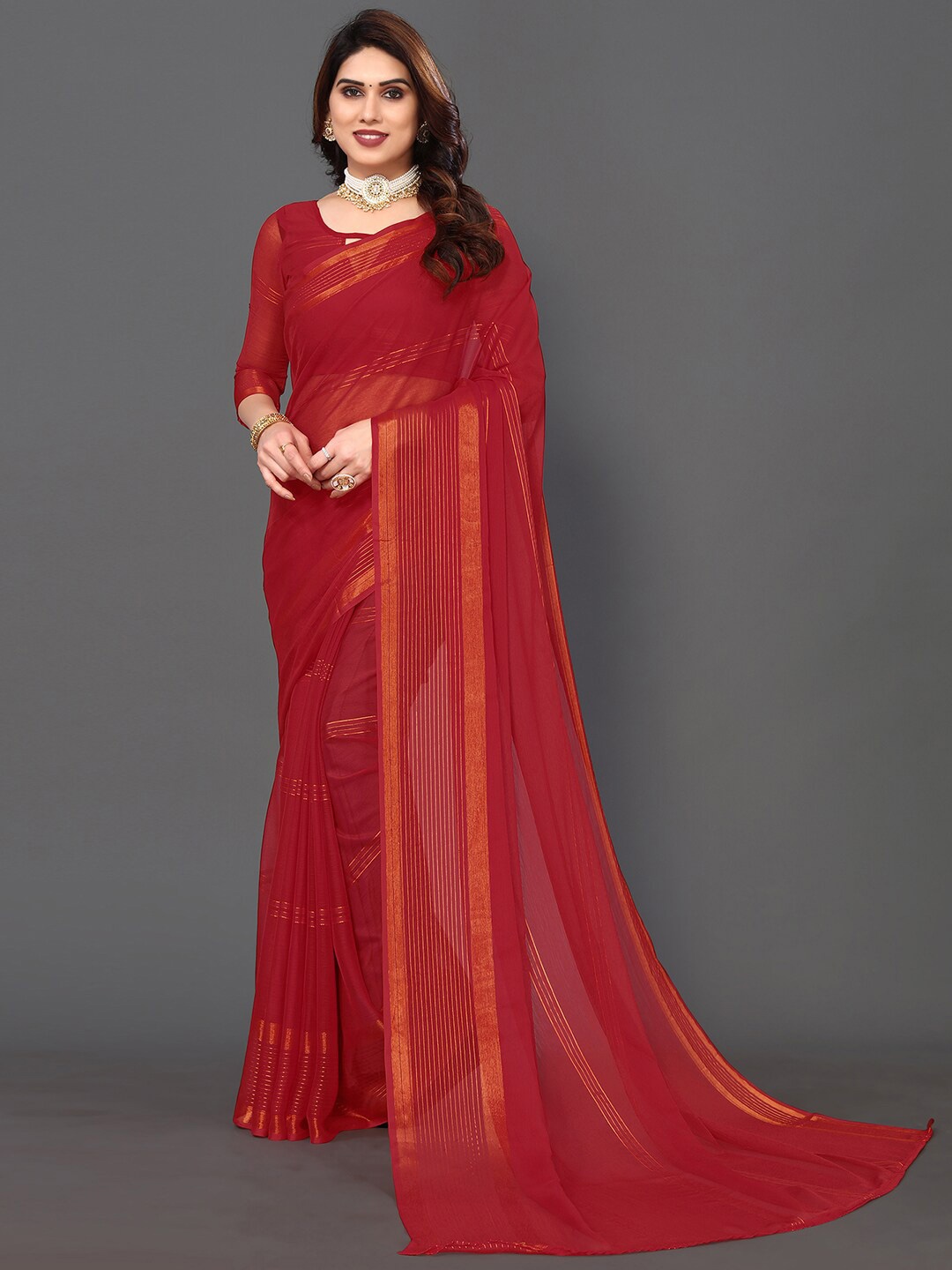 

SIRIL Striped Zari Saree, Red