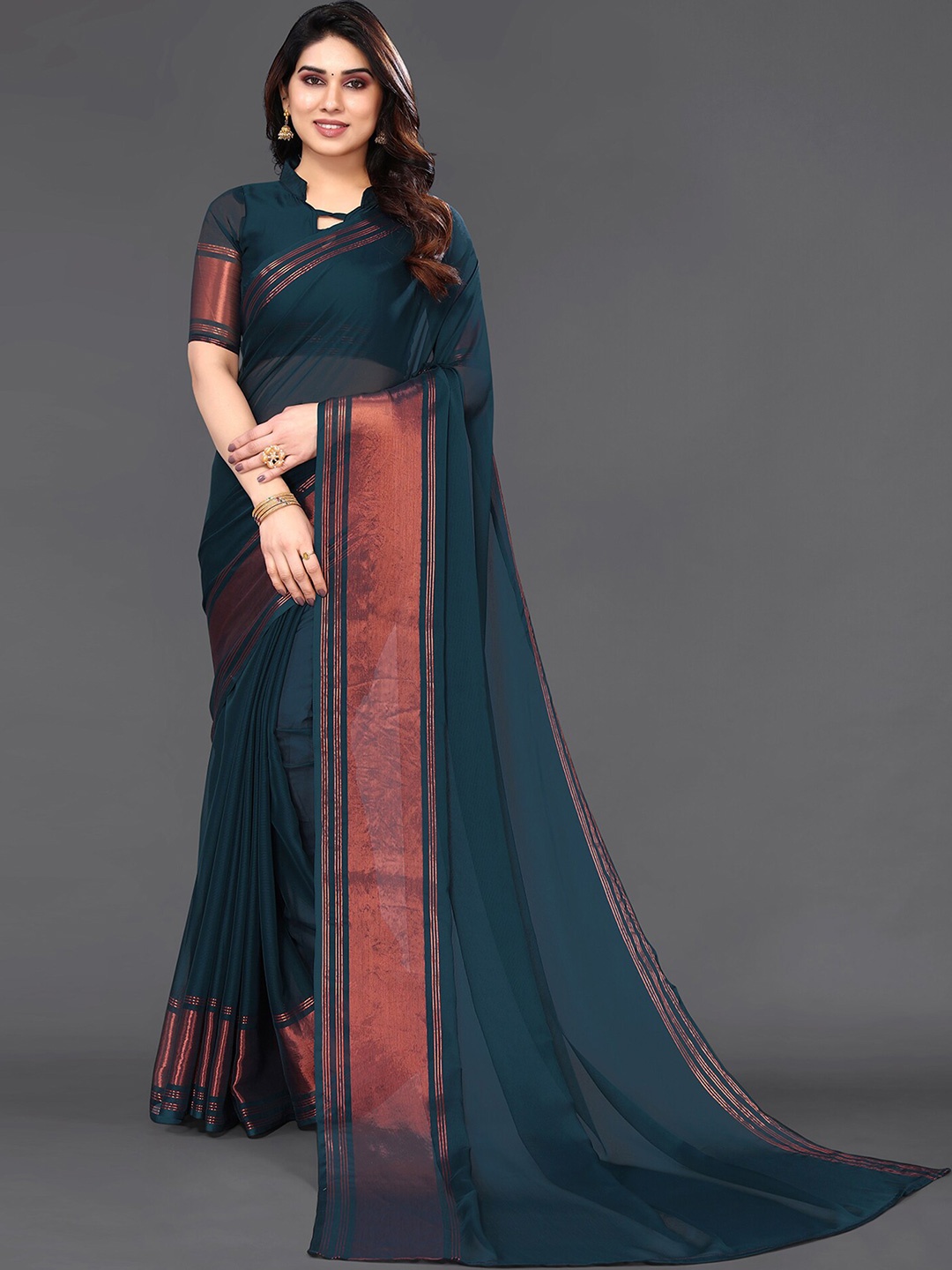 

SIRIL Zari Poly Chiffon Saree, Teal