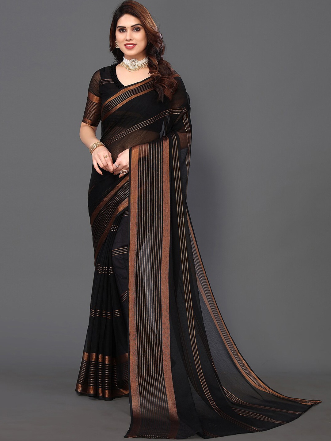 

SIRIL Striped Zari Saree, Black