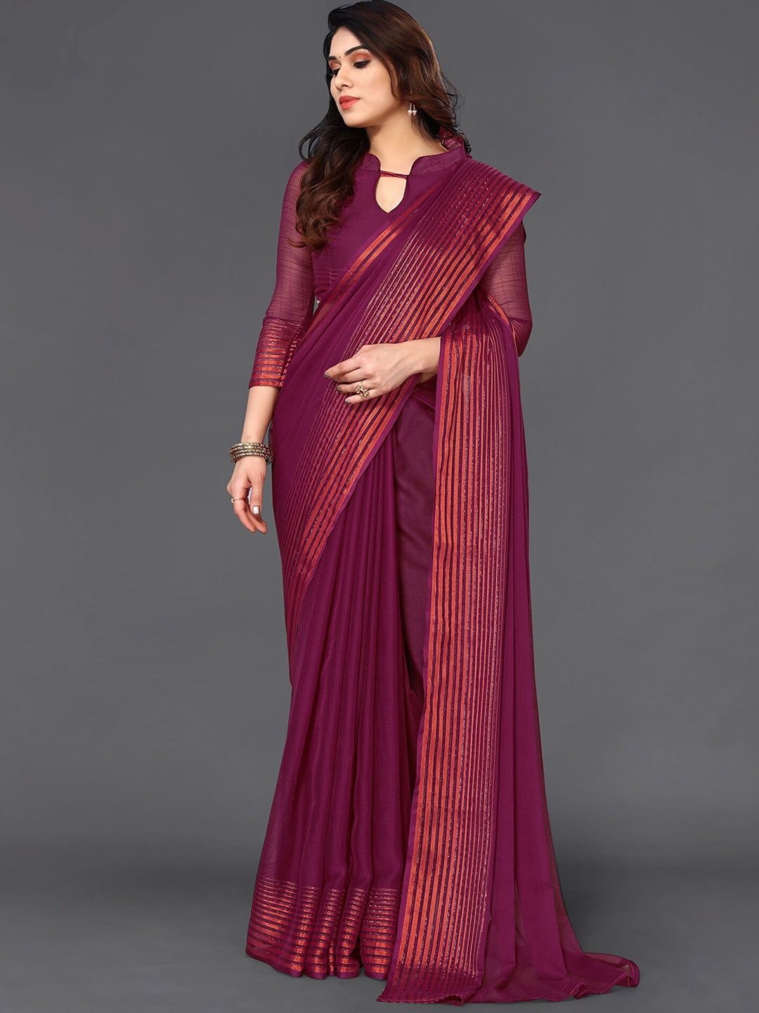 

SIRIL Zari Poly Chiffon Saree, Purple