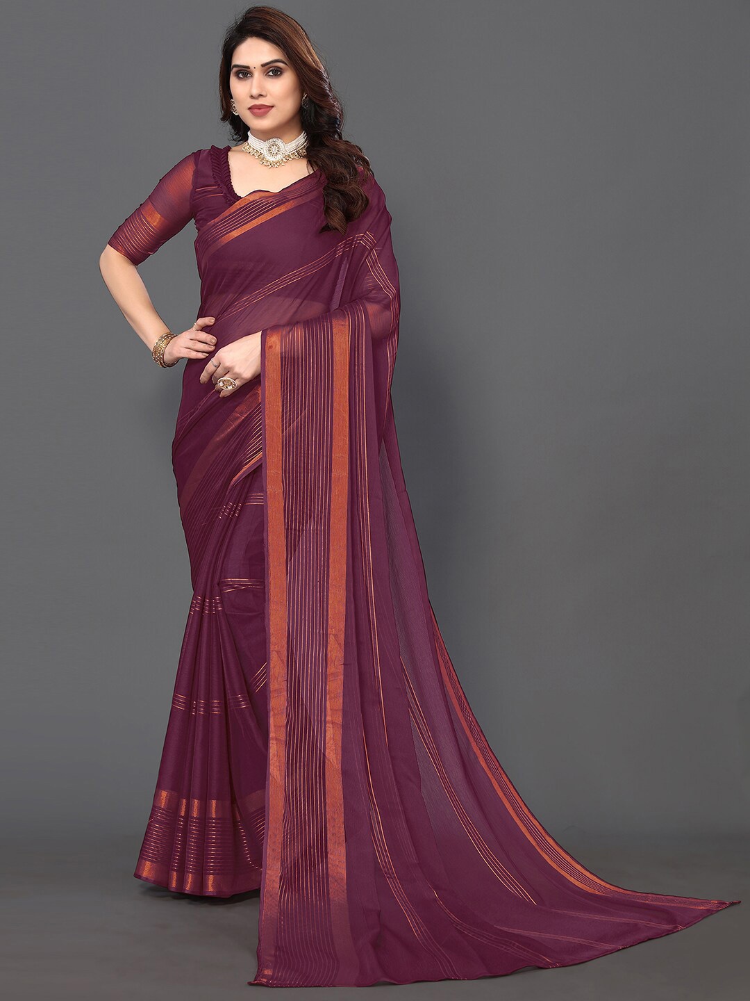 

SIRIL Striped Zari Saree, Purple