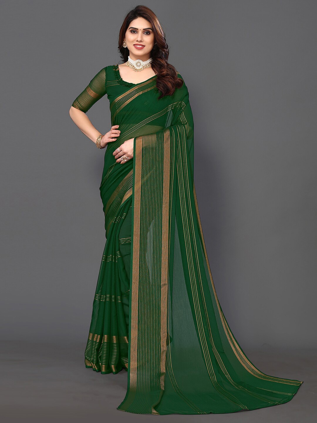 

SIRIL Striped Zari Saree, Green