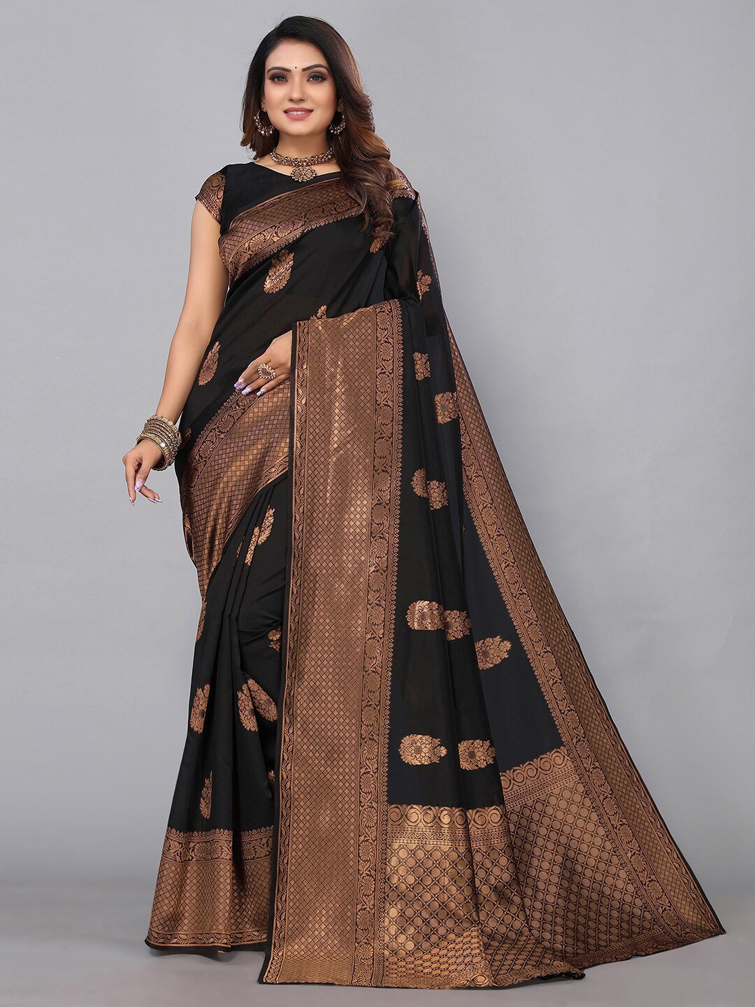 

SIRIL Floral Woven Design Zari Saree, Black