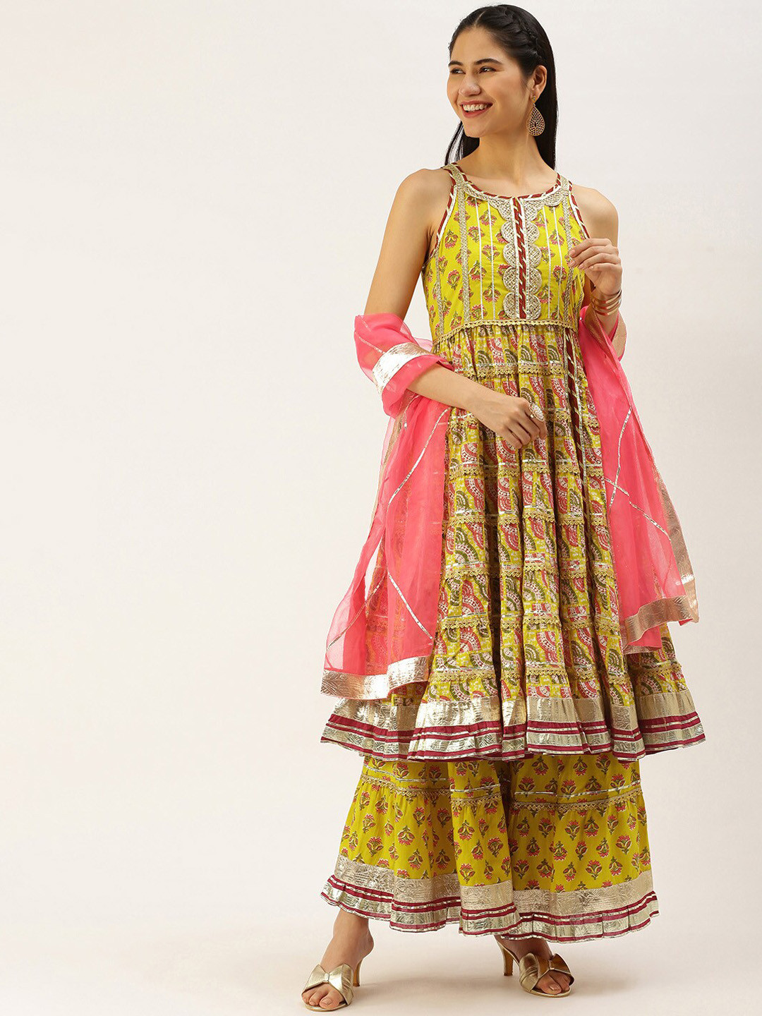 

KALINI Floral Printed Regular Gotta Patti Pure Cotton Kurta with Sharara & With Dupatta, Yellow