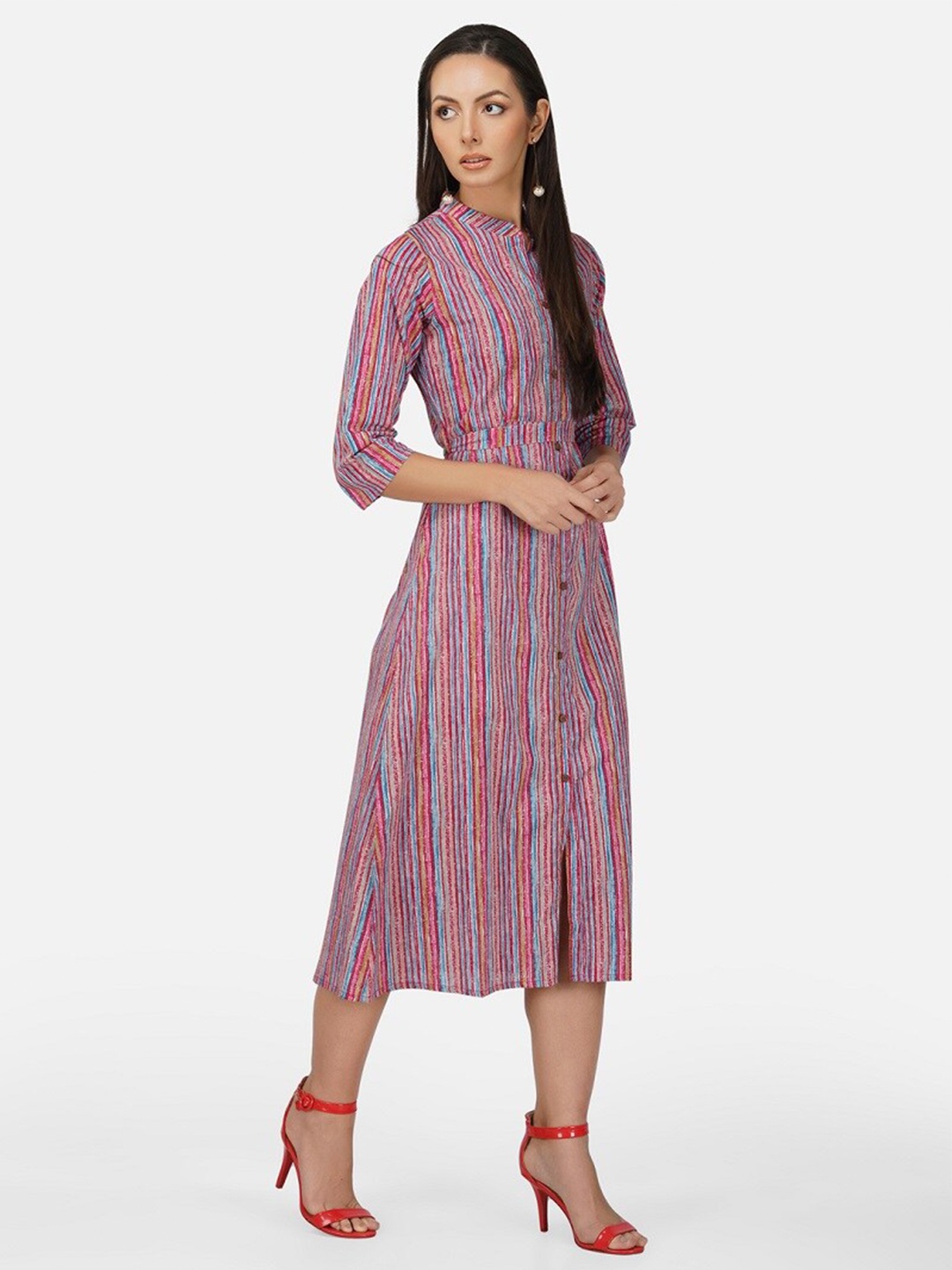 

METRO-FASHION Striped Mandarin Collar Cotton Shirt Dress With Belt, Pink