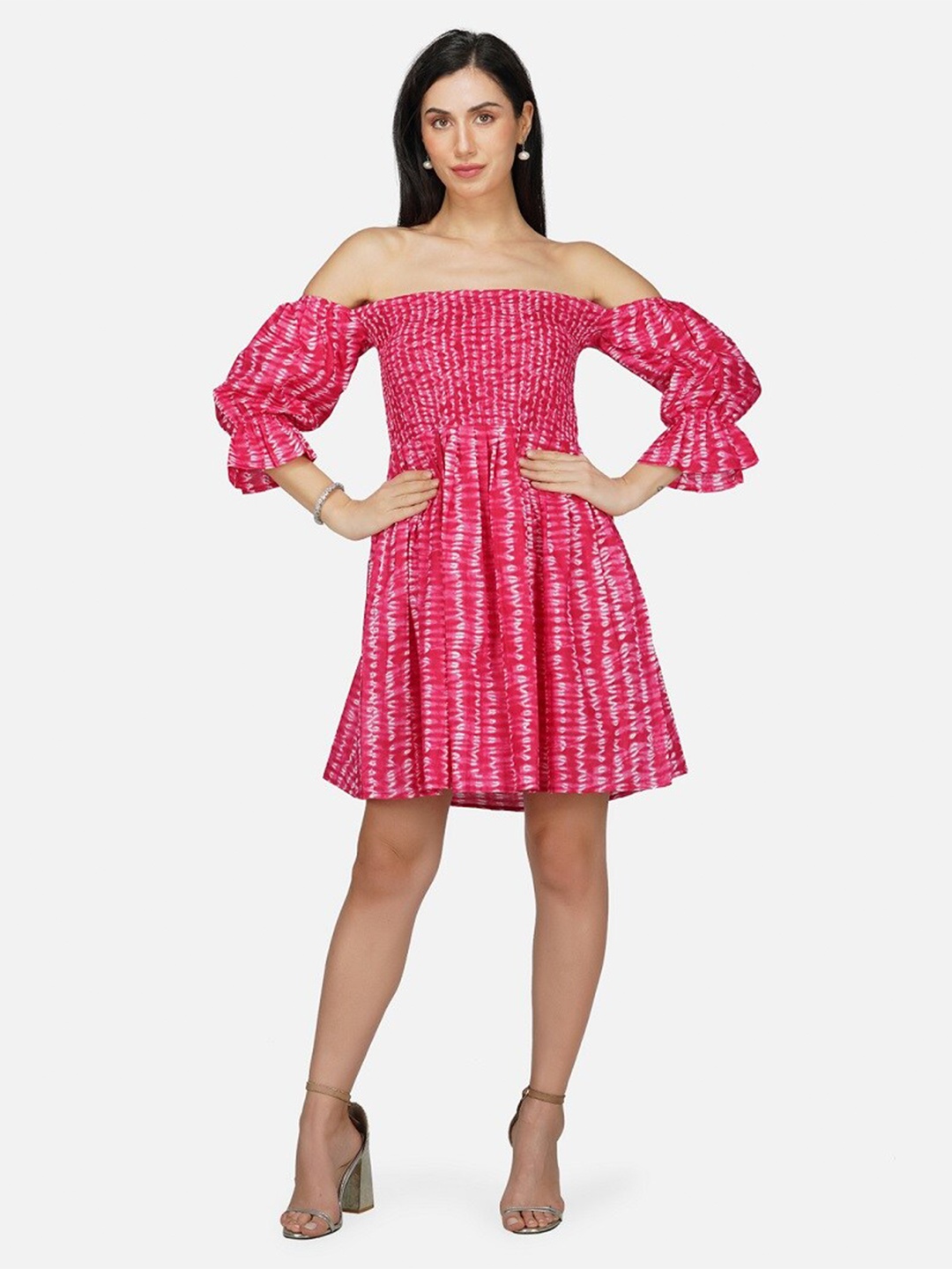 

METRO-FASHION Abstract Printed Off-Shoulder Smocked Detailed Cotton Fit & Flare Dress, Pink