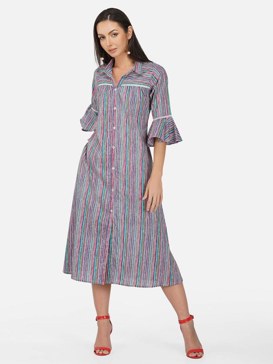 

METRO-FASHION Striped Bell Sleeves Cotton Shirt Dress, Grey