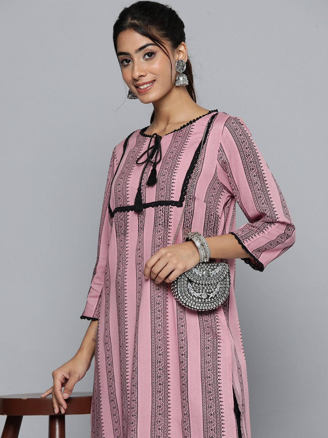 

HERE&NOW Ethnic Motifs Striped Tie-Up Neck Kurta, Pink